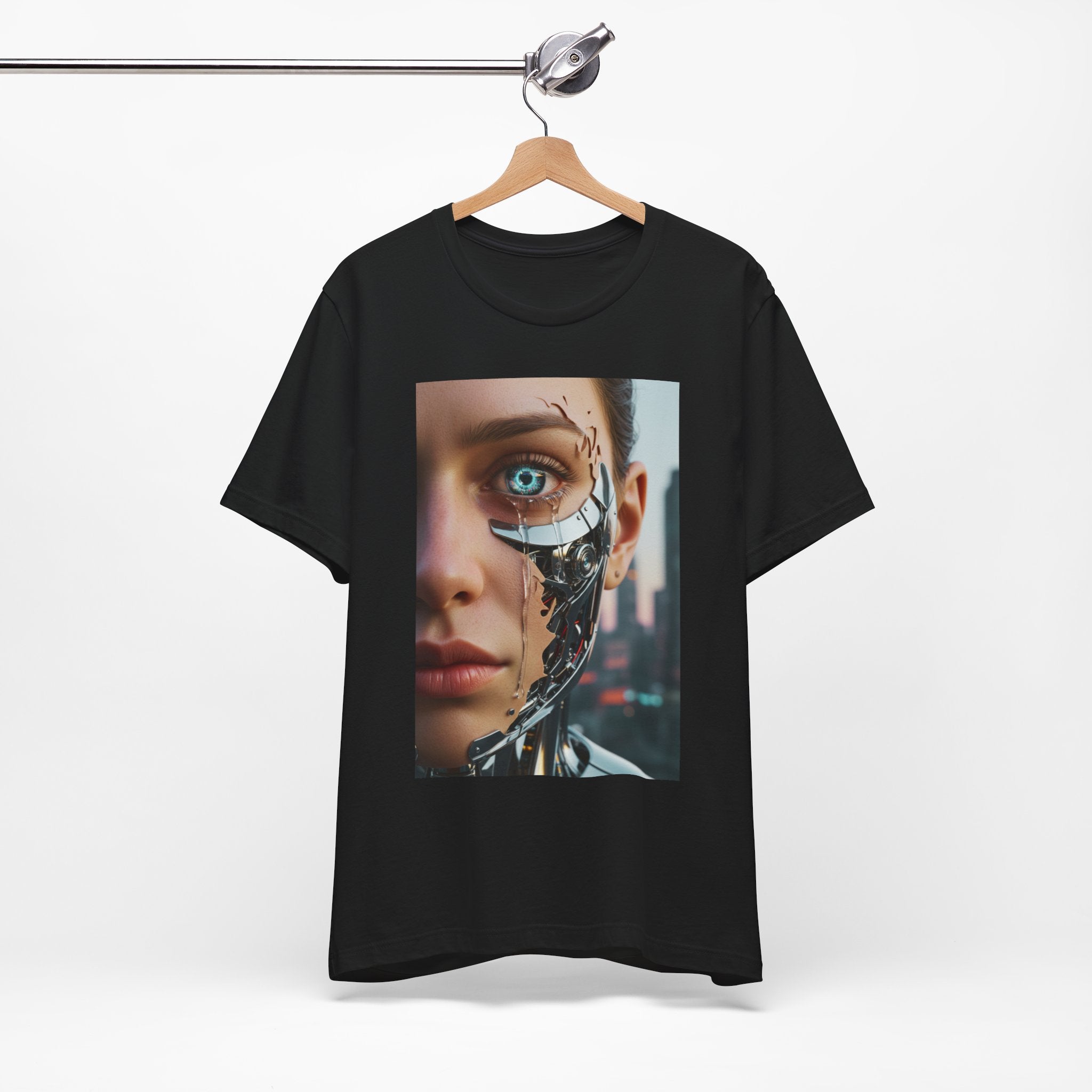 Cyborg Portrait T‑Shirt — Futuristic Android Face Graphic Tee