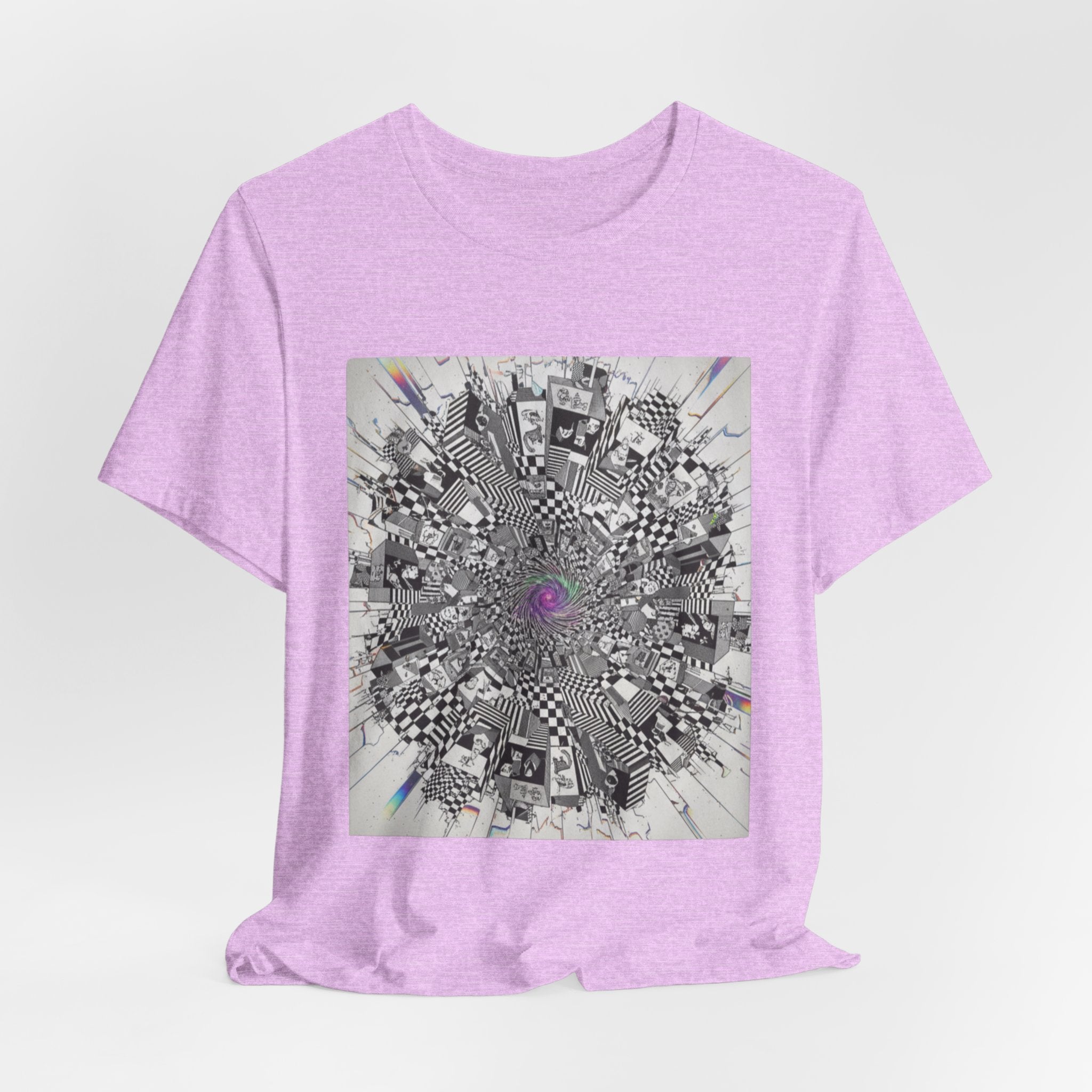 Psychedelic Cityscape Tee — Abstract Optical Art T‑Shirt with Purple Eye