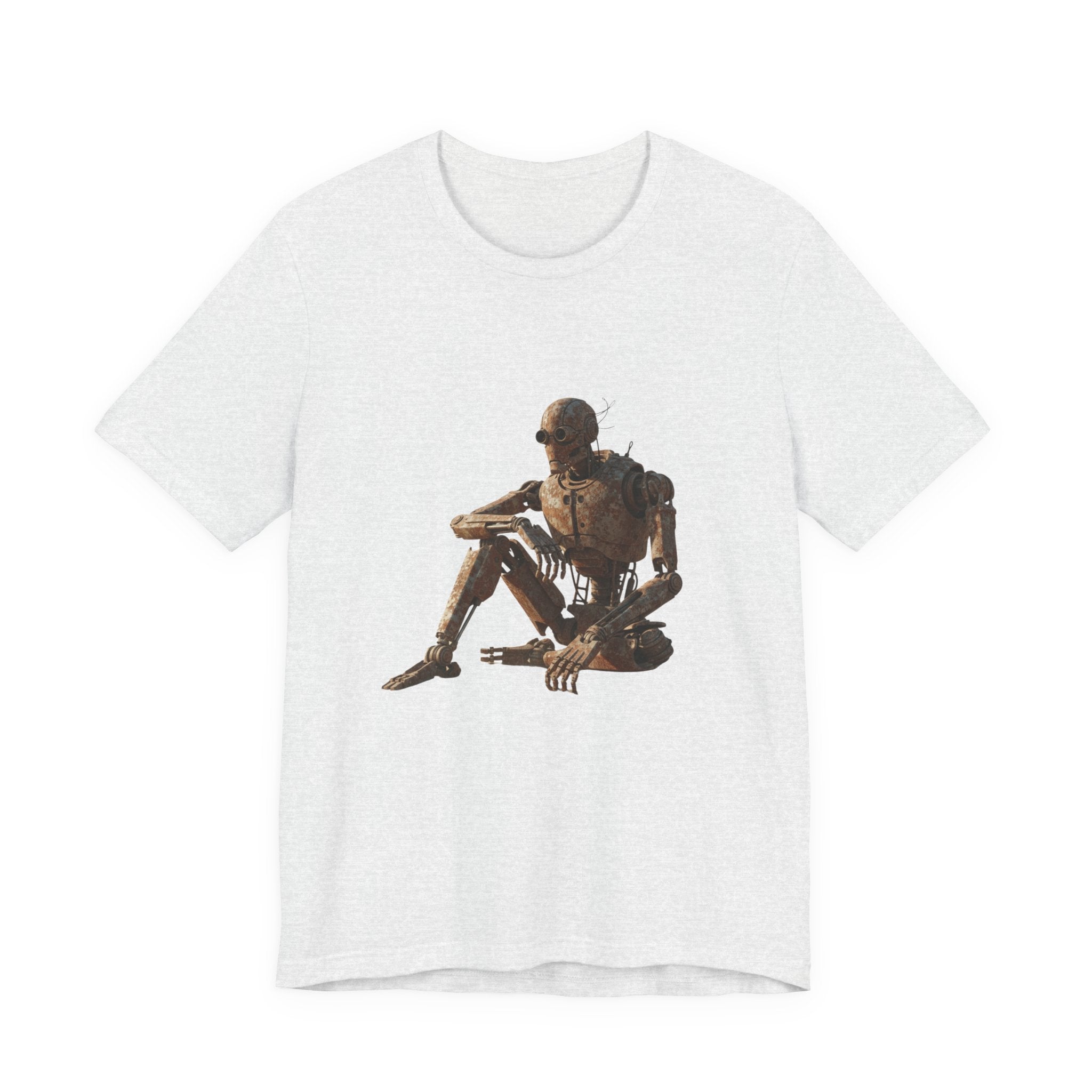 Rustic Robot Art Tee — Sitting Cyborg Graphic T-Shirt