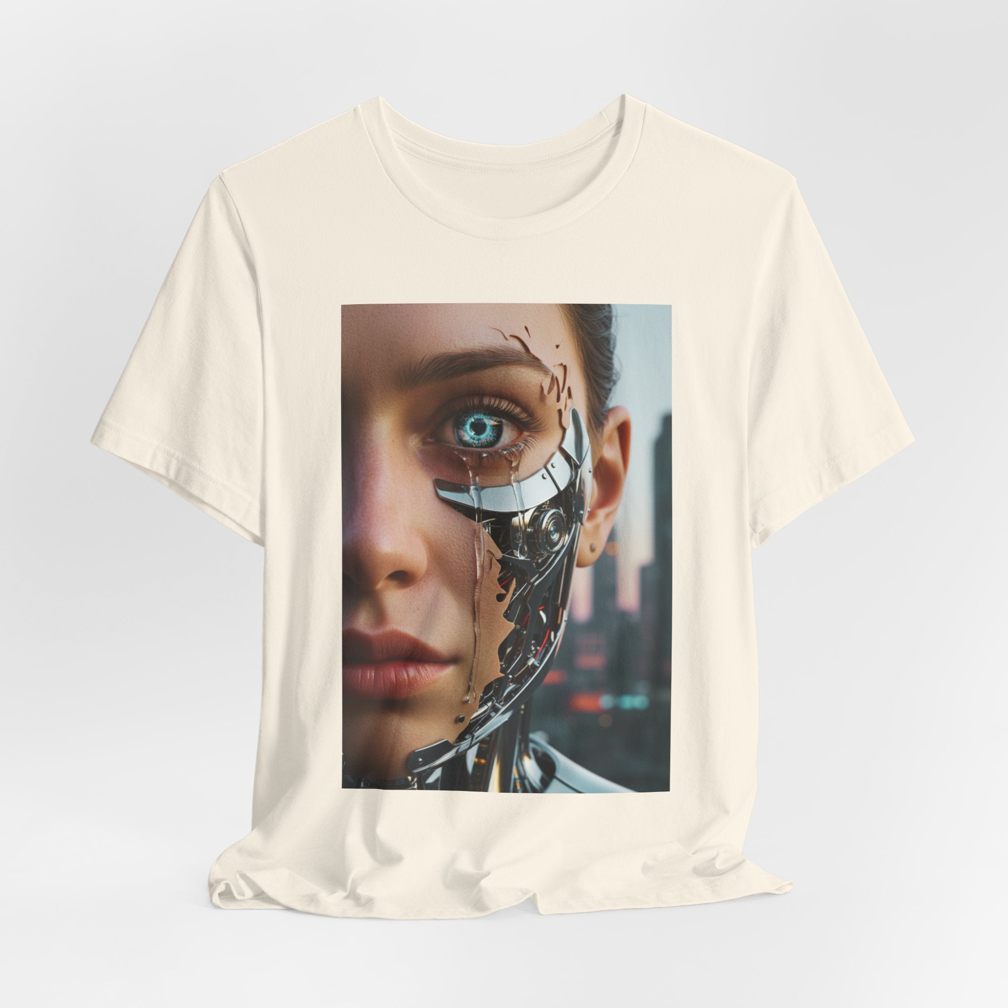 Cyborg Portrait T‑Shirt — Futuristic Android Face Graphic Tee