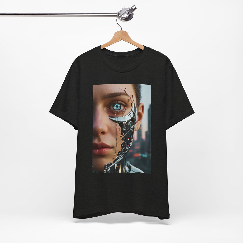 Cyborg Portrait T‑Shirt — Futuristic Android Face Graphic Tee