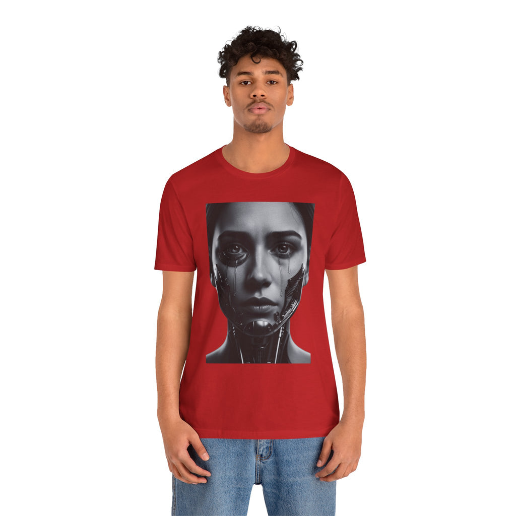Cybernetic Woman Portrait Tee — Futuristic Black & White Sci‑Fi Face Graphic T-Shirt