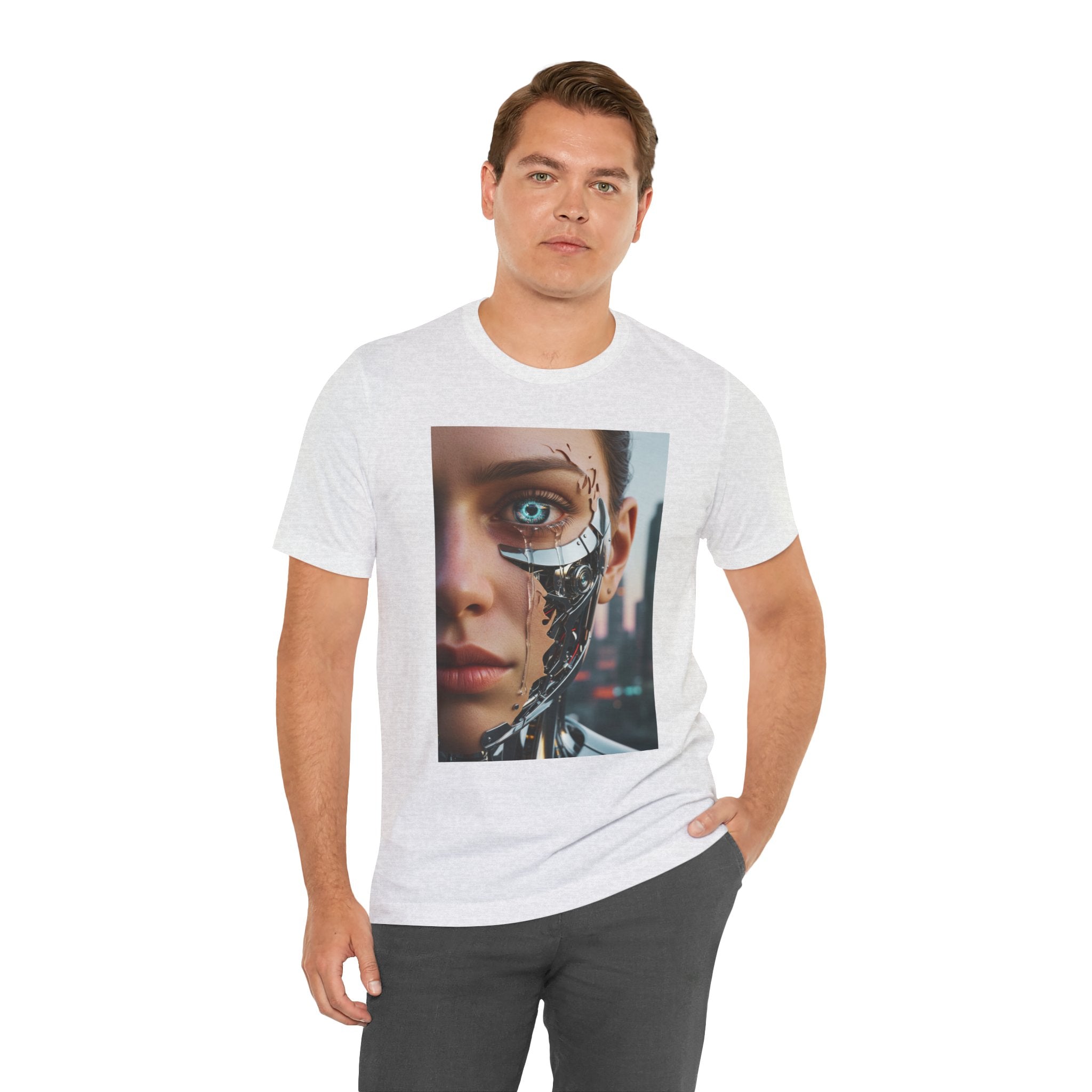 Cyborg Portrait T‑Shirt — Futuristic Android Face Graphic Tee