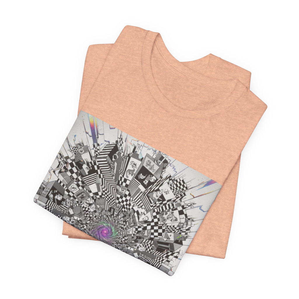 Psychedelic Cityscape Tee — Abstract Optical Art T‑Shirt with Purple Eye