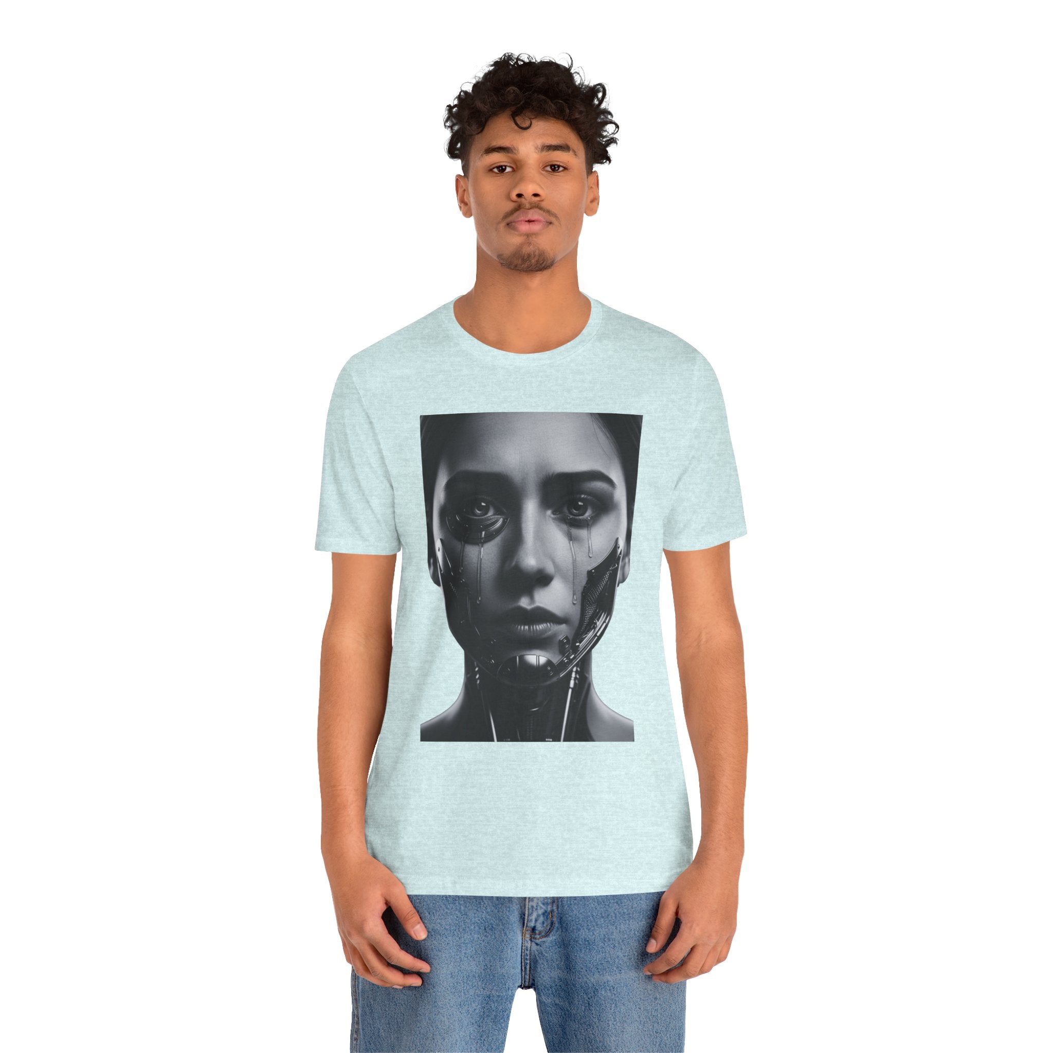 Cybernetic Woman Portrait Tee — Futuristic Black & White Sci‑Fi Face Graphic T-Shirt