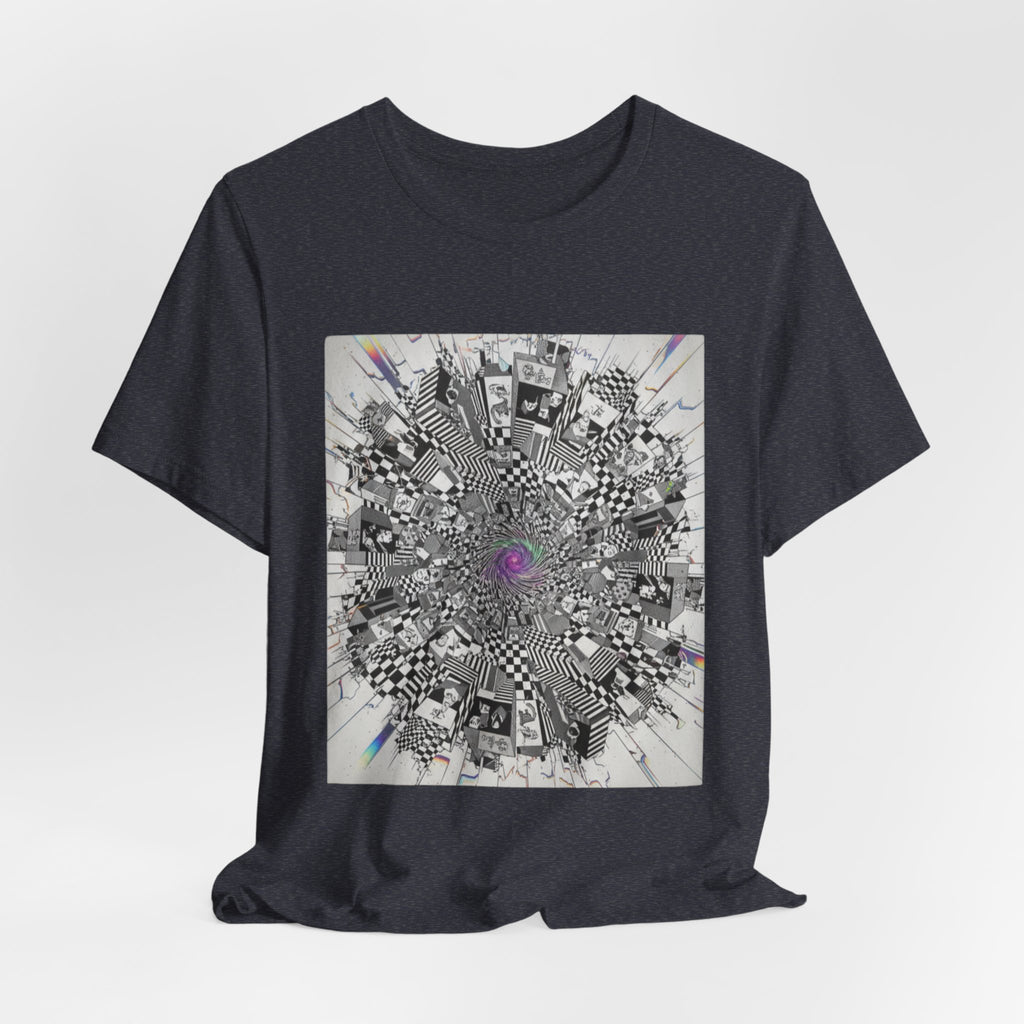 Psychedelic Cityscape Tee — Abstract Optical Art T‑Shirt with Purple Eye