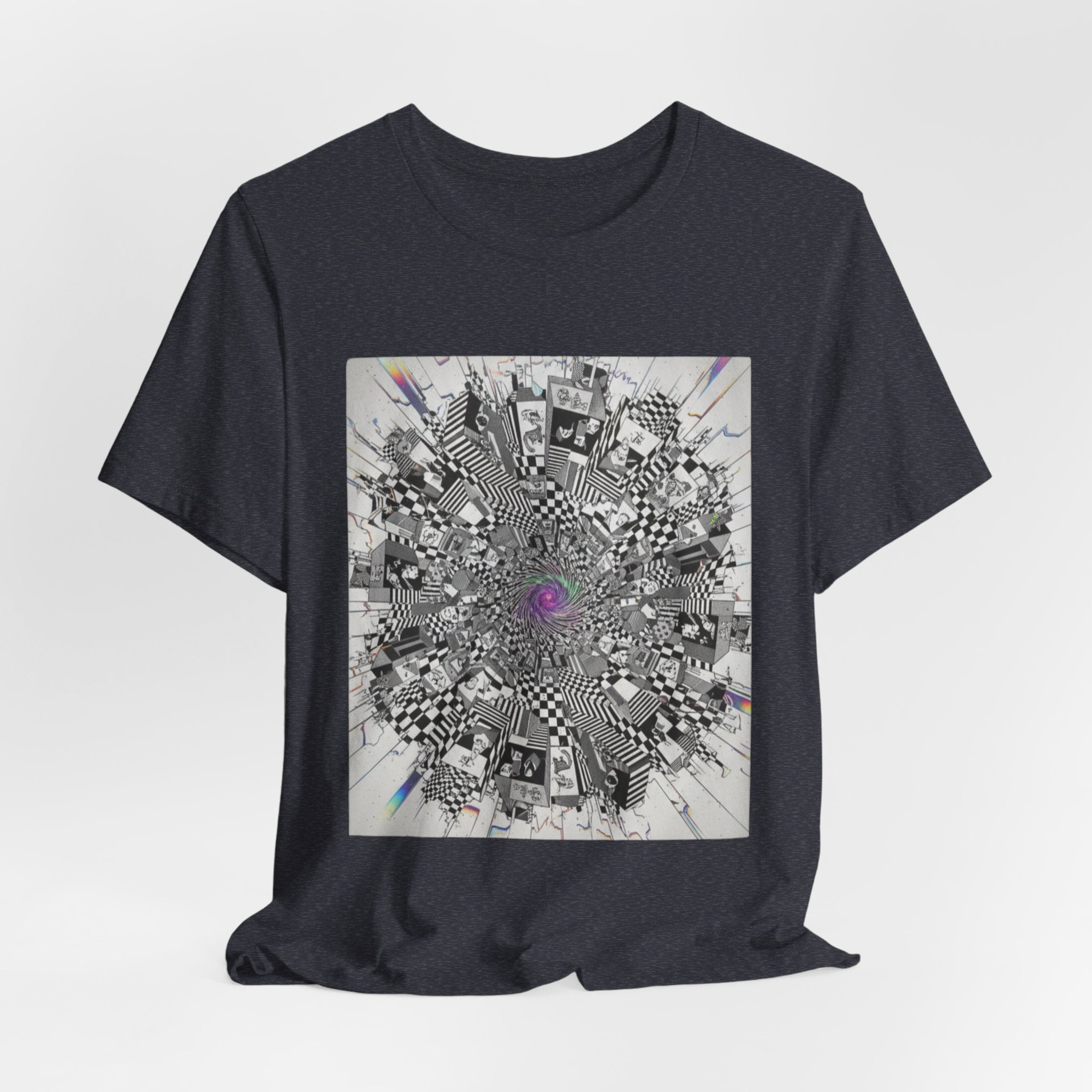 Psychedelic Cityscape Tee — Abstract Optical Art T‑Shirt with Purple Eye