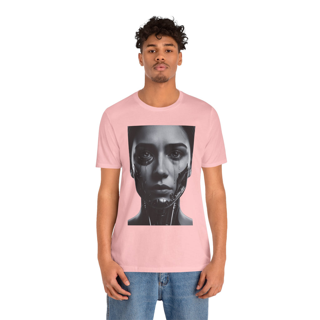 Cybernetic Woman Portrait Tee — Futuristic Black & White Sci‑Fi Face Graphic T-Shirt