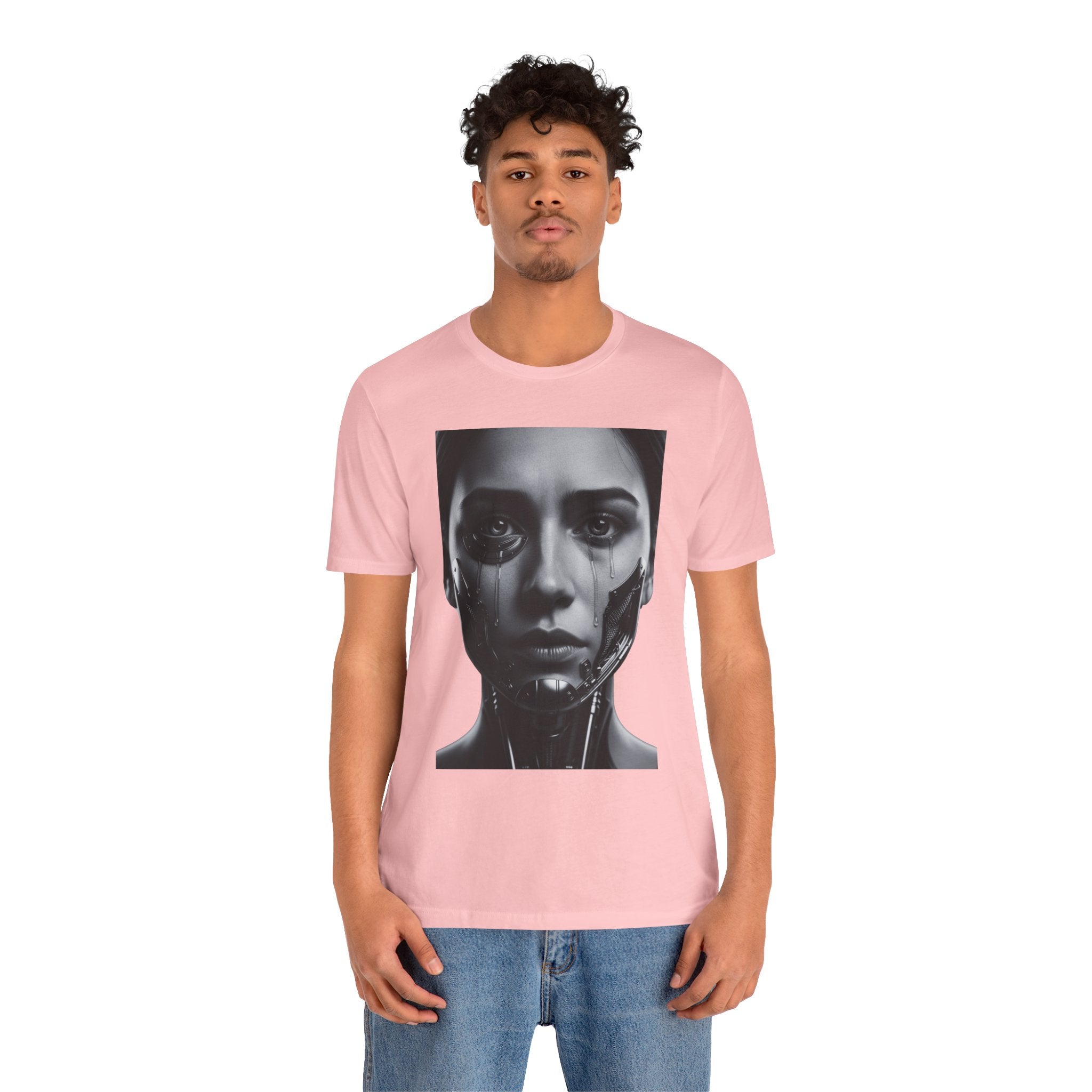 Cybernetic Woman Portrait Tee — Futuristic Black & White Sci‑Fi Face Graphic T-Shirt