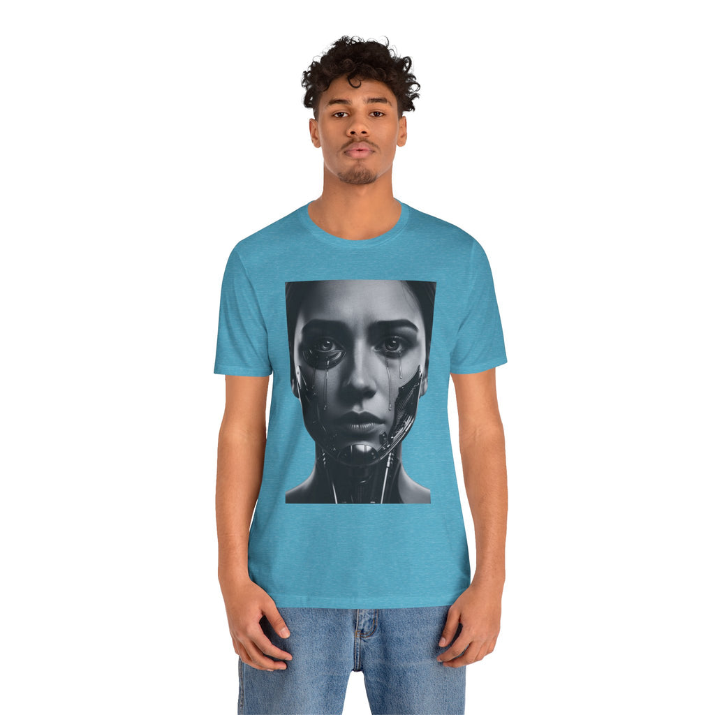 Cybernetic Woman Portrait Tee — Futuristic Black & White Sci‑Fi Face Graphic T-Shirt