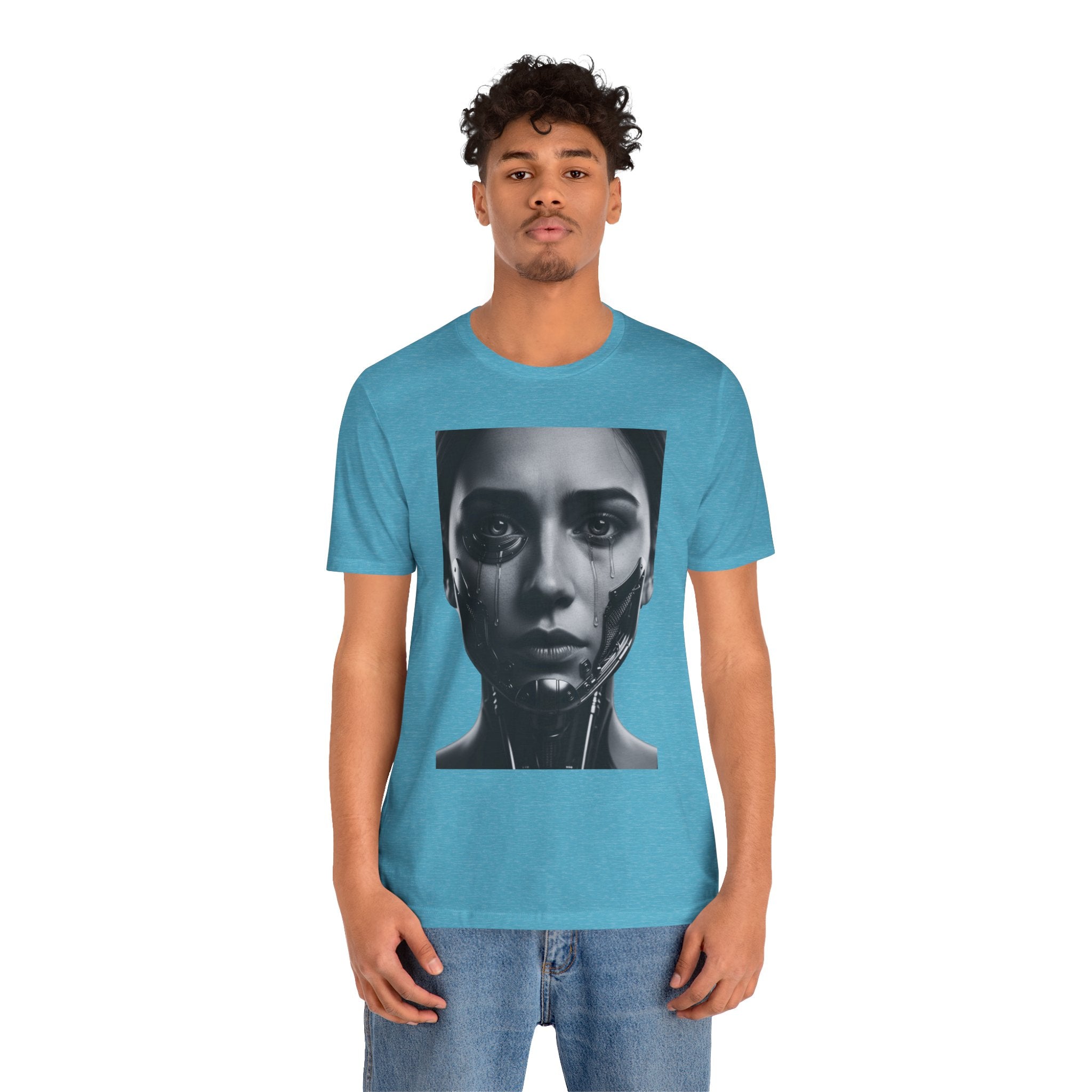 Cybernetic Woman Portrait Tee — Futuristic Black & White Sci‑Fi Face Graphic T-Shirt