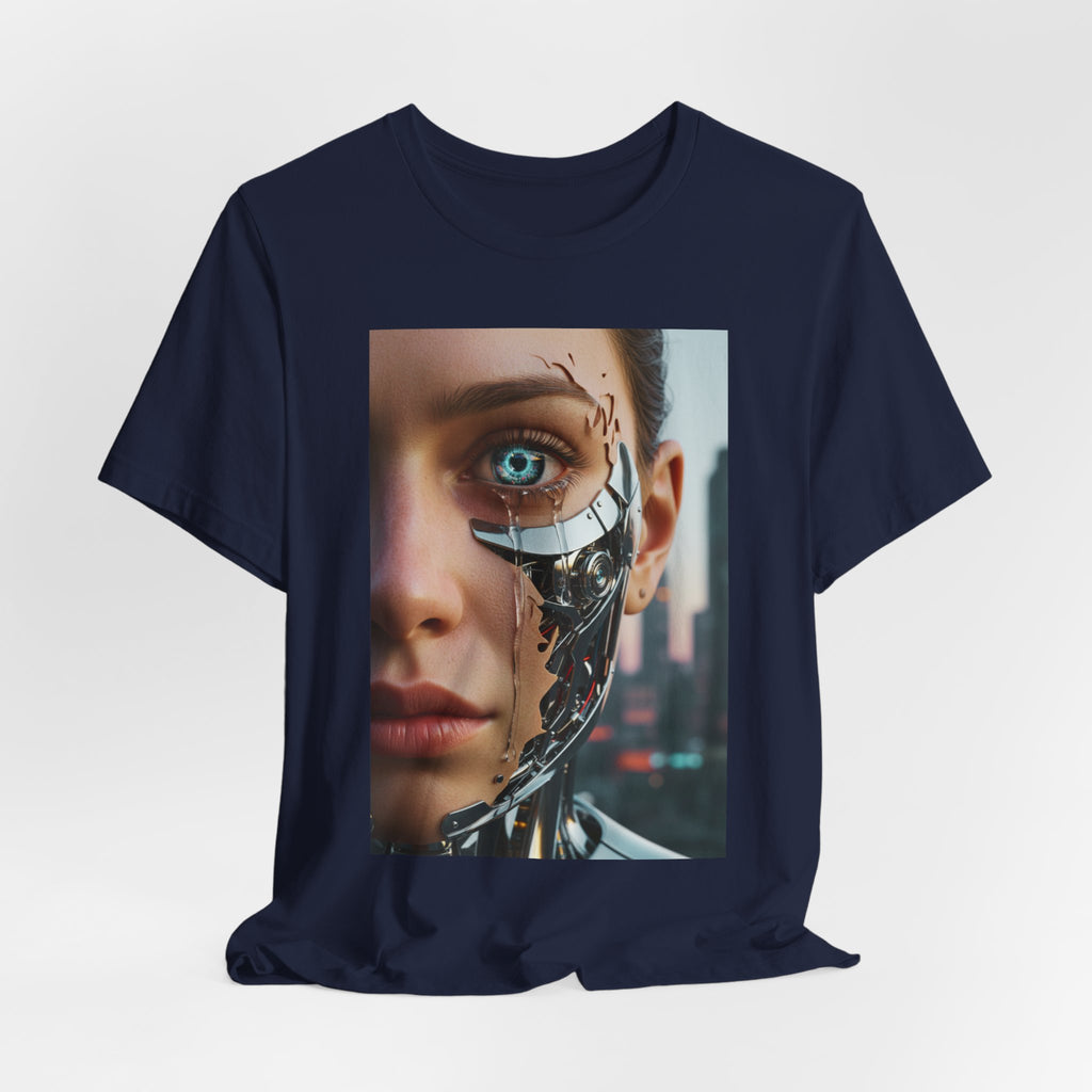 Cyborg Portrait T‑Shirt — Futuristic Android Face Graphic Tee