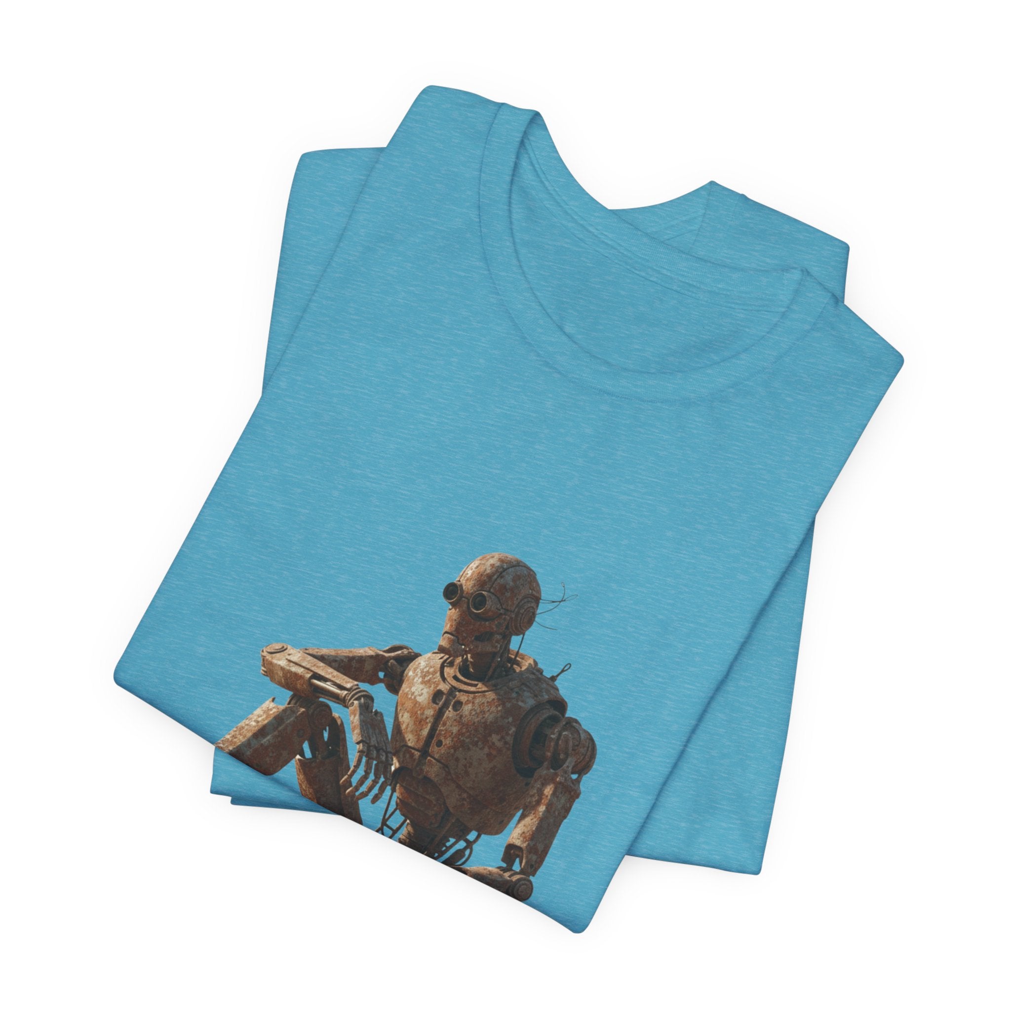 Rustic Robot Art Tee — Sitting Cyborg Graphic T-Shirt