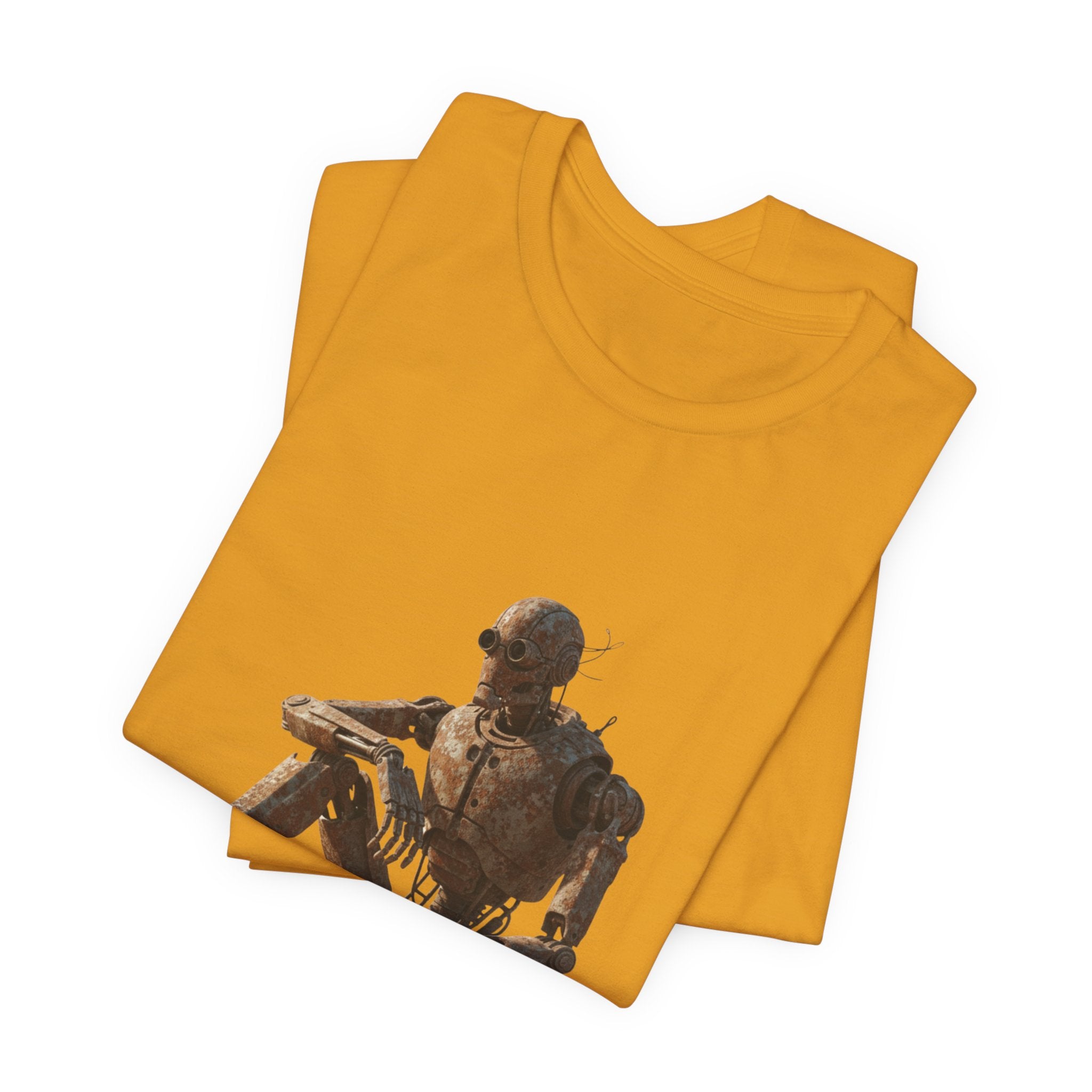 Rustic Robot Art Tee — Sitting Cyborg Graphic T-Shirt