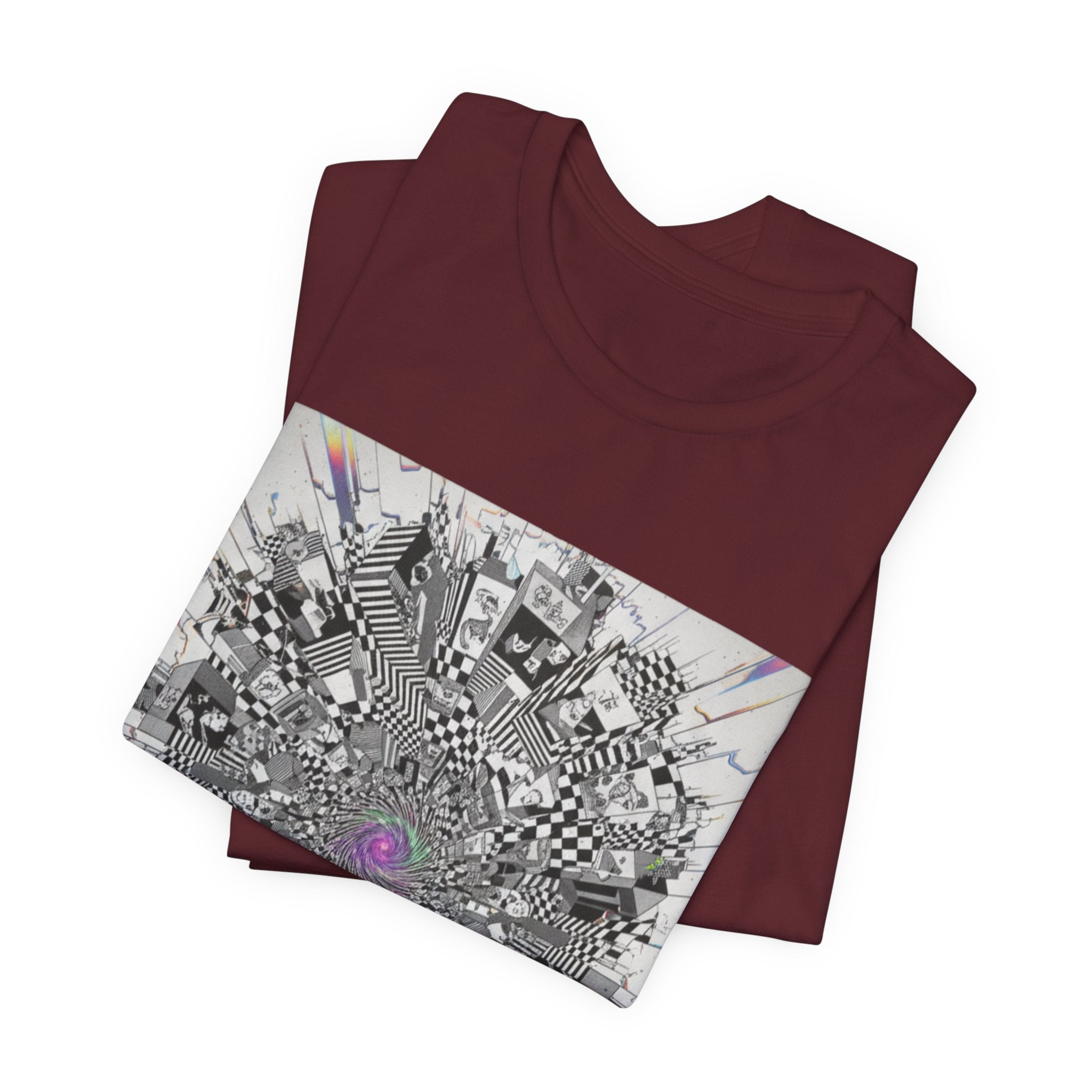 Psychedelic Cityscape Tee — Abstract Optical Art T‑Shirt with Purple Eye