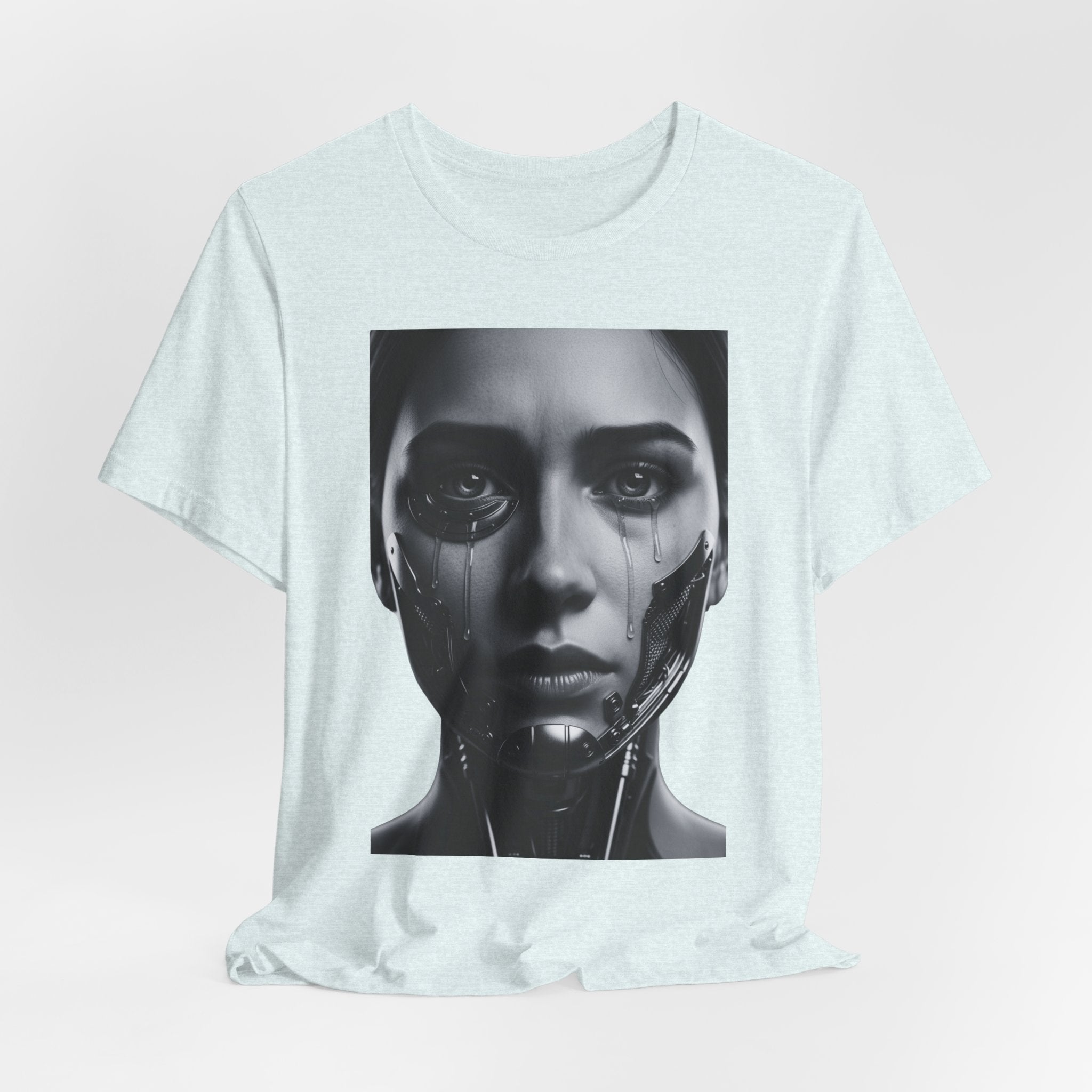 Cybernetic Woman Portrait Tee — Futuristic Black & White Sci‑Fi Face Graphic T-Shirt