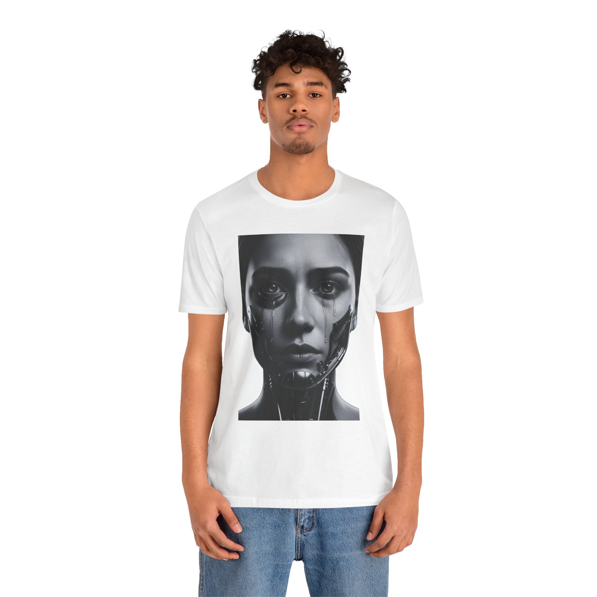 Cybernetic Woman Portrait Tee — Futuristic Black & White Sci‑Fi Face Graphic T-Shirt