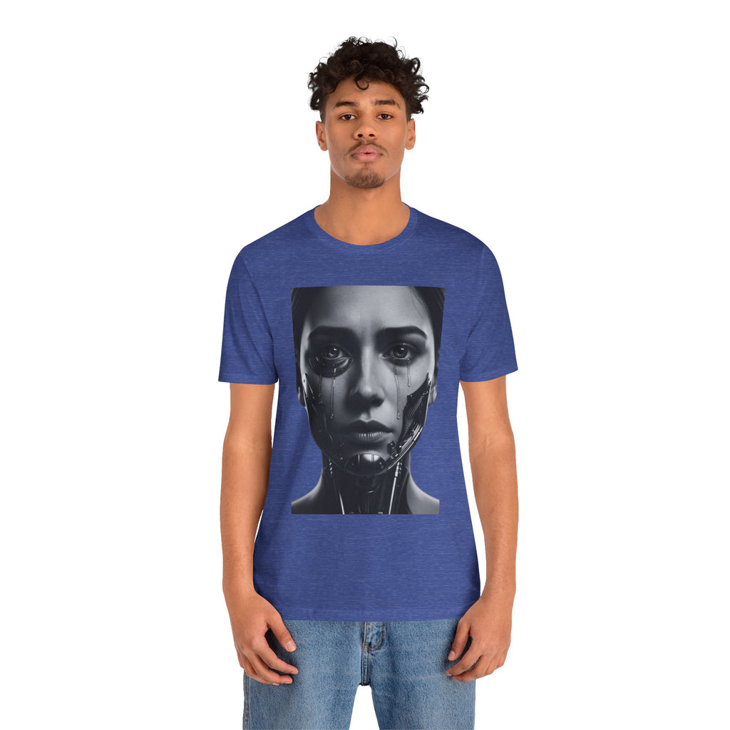 Cybernetic Woman Portrait Tee — Futuristic Black & White Sci‑Fi Face Graphic T-Shirt