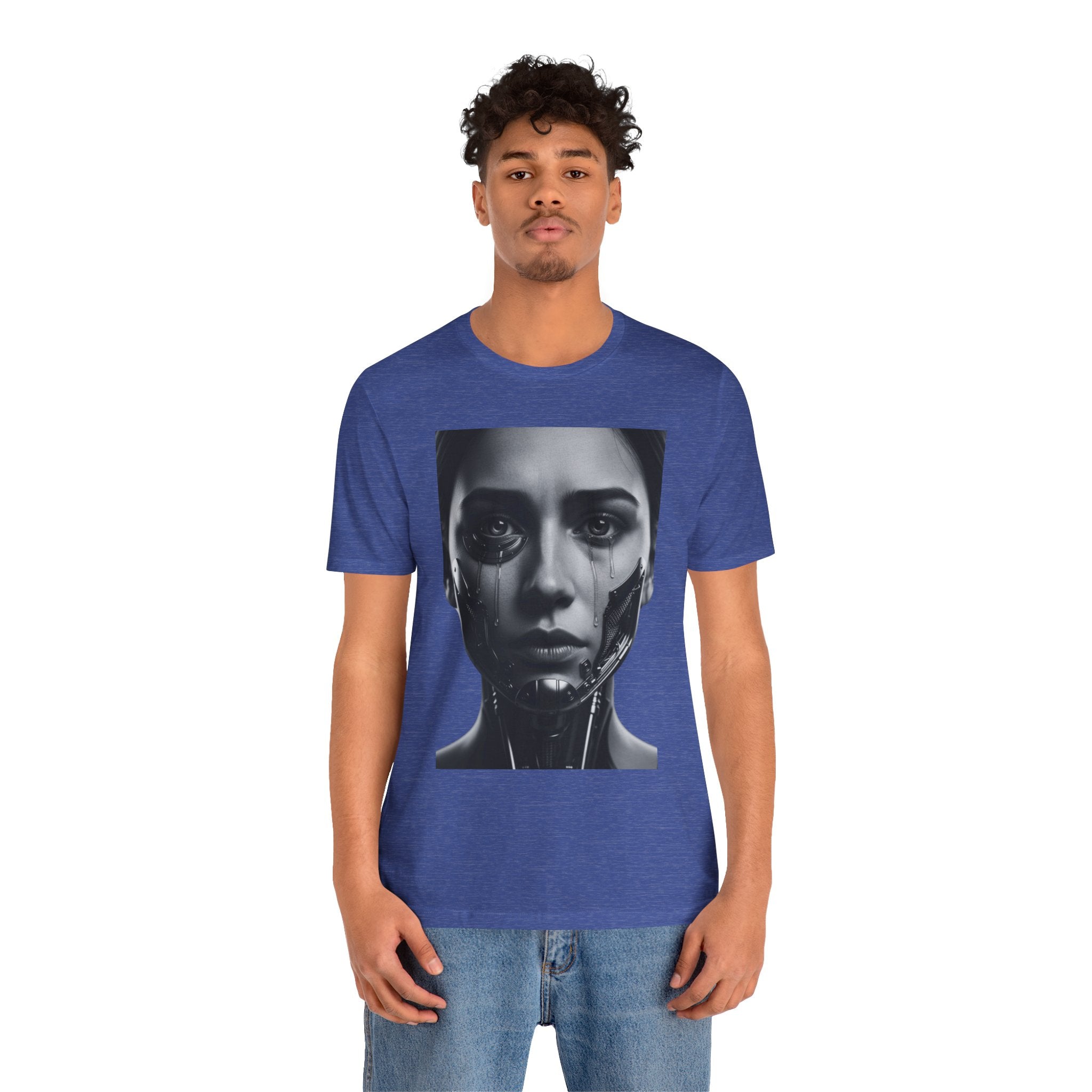 Cybernetic Woman Portrait Tee — Futuristic Black & White Sci‑Fi Face Graphic T-Shirt