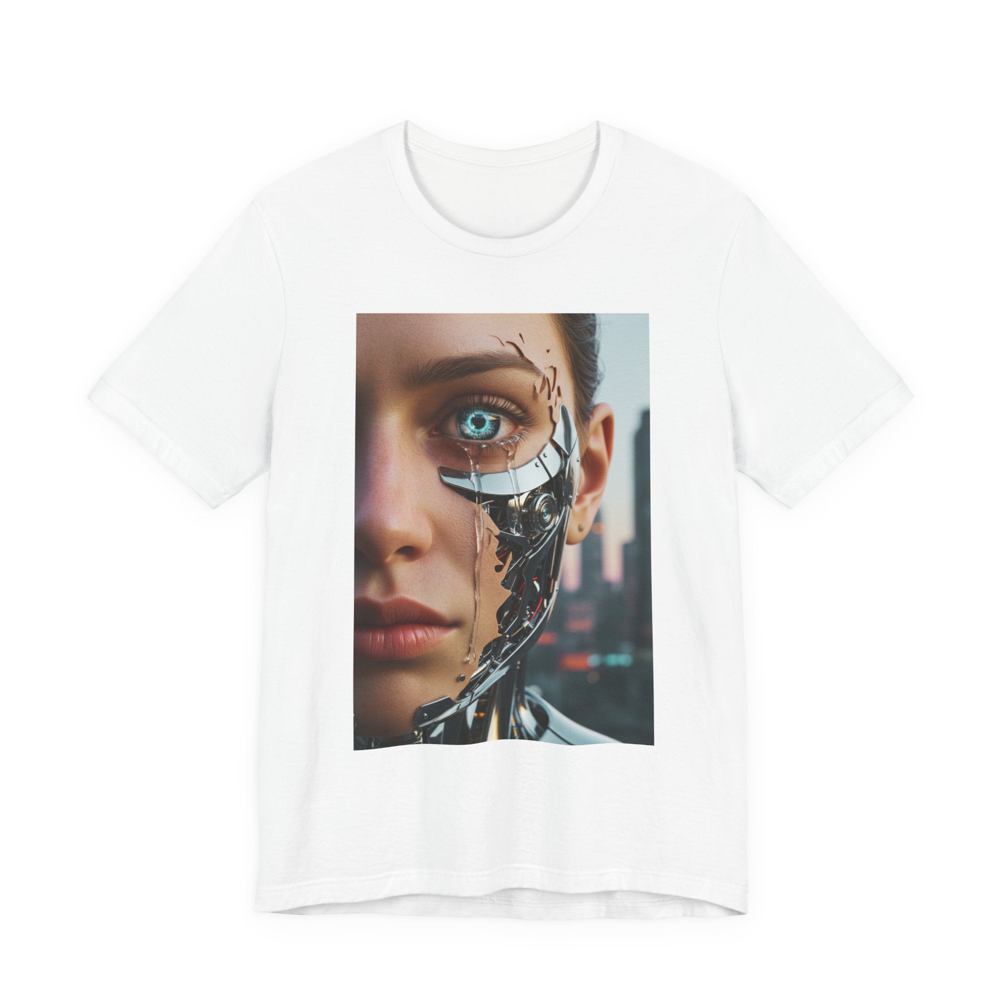 Cyborg Portrait T‑Shirt — Futuristic Android Face Graphic Tee