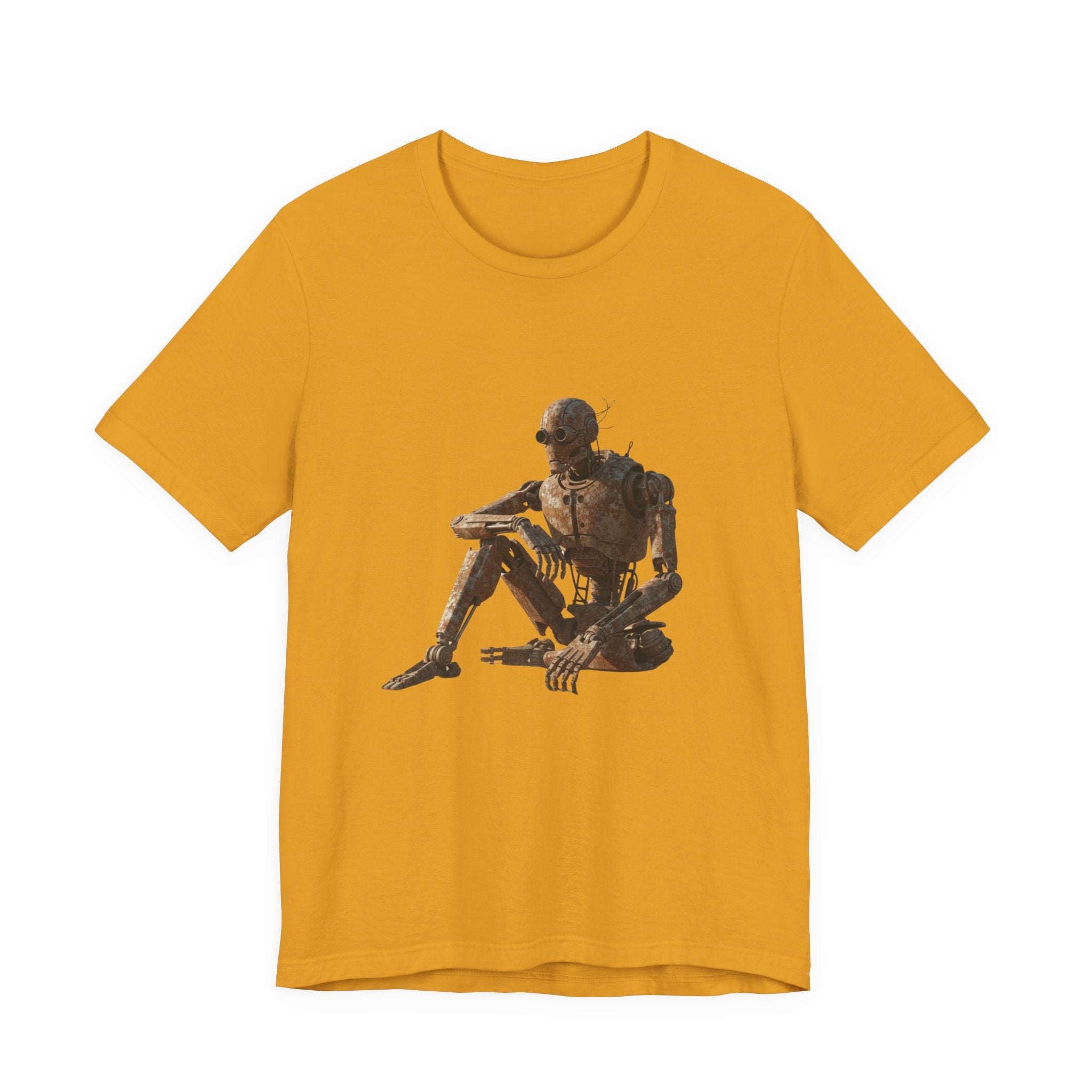 Rustic Robot Art Tee — Sitting Cyborg Graphic T-Shirt