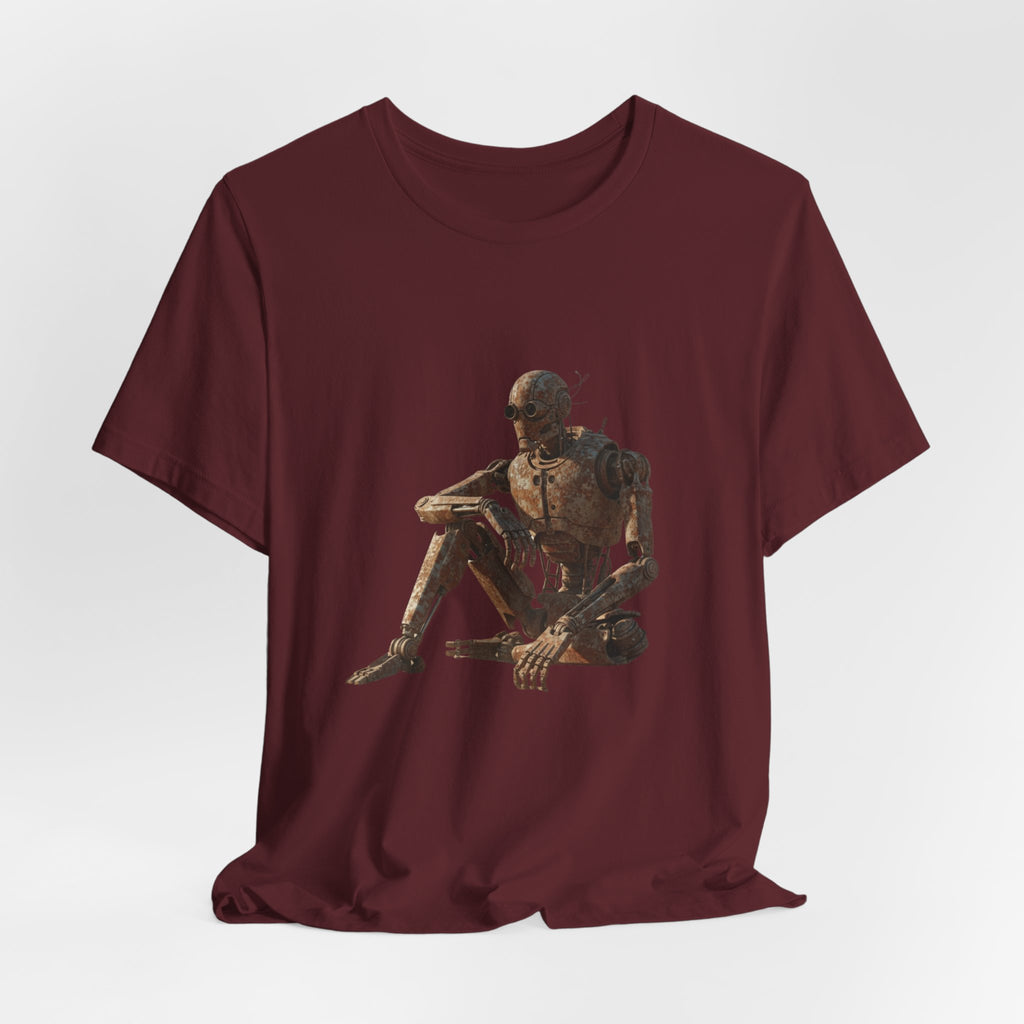 Rustic Robot Art Tee — Sitting Cyborg Graphic T-Shirt