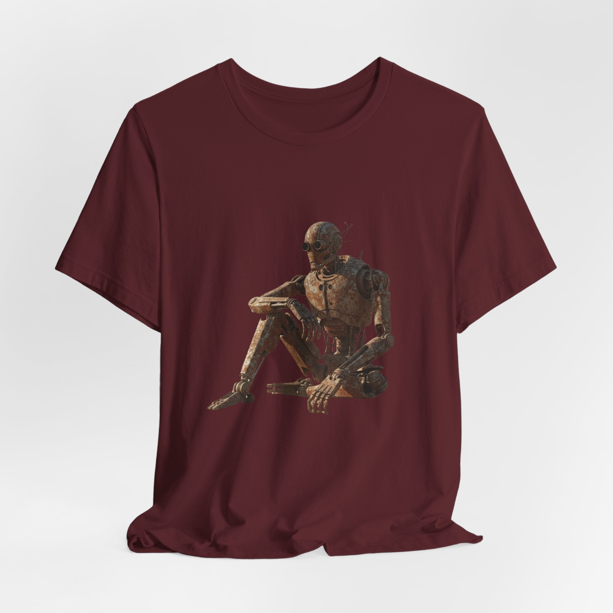 Rustic Robot Art Tee — Sitting Cyborg Graphic T-Shirt