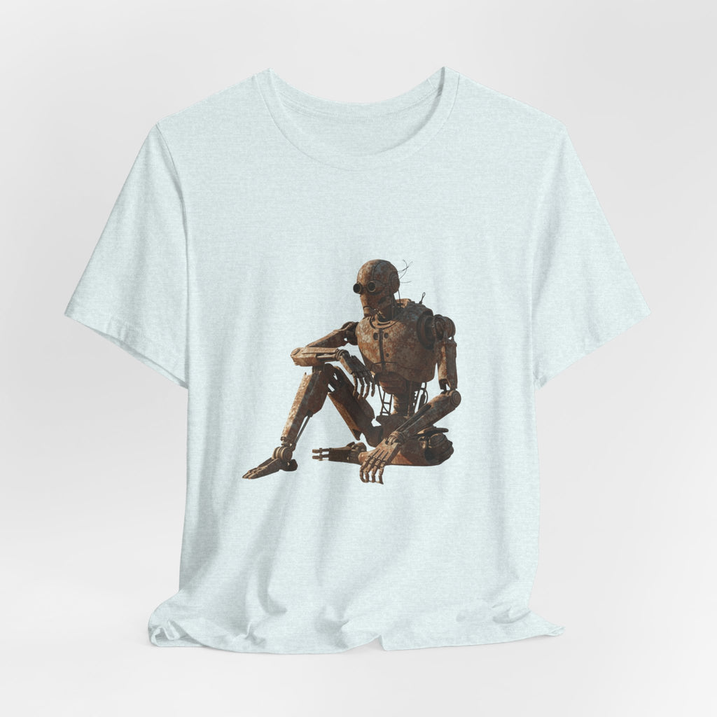 Rustic Robot Art Tee — Sitting Cyborg Graphic T-Shirt
