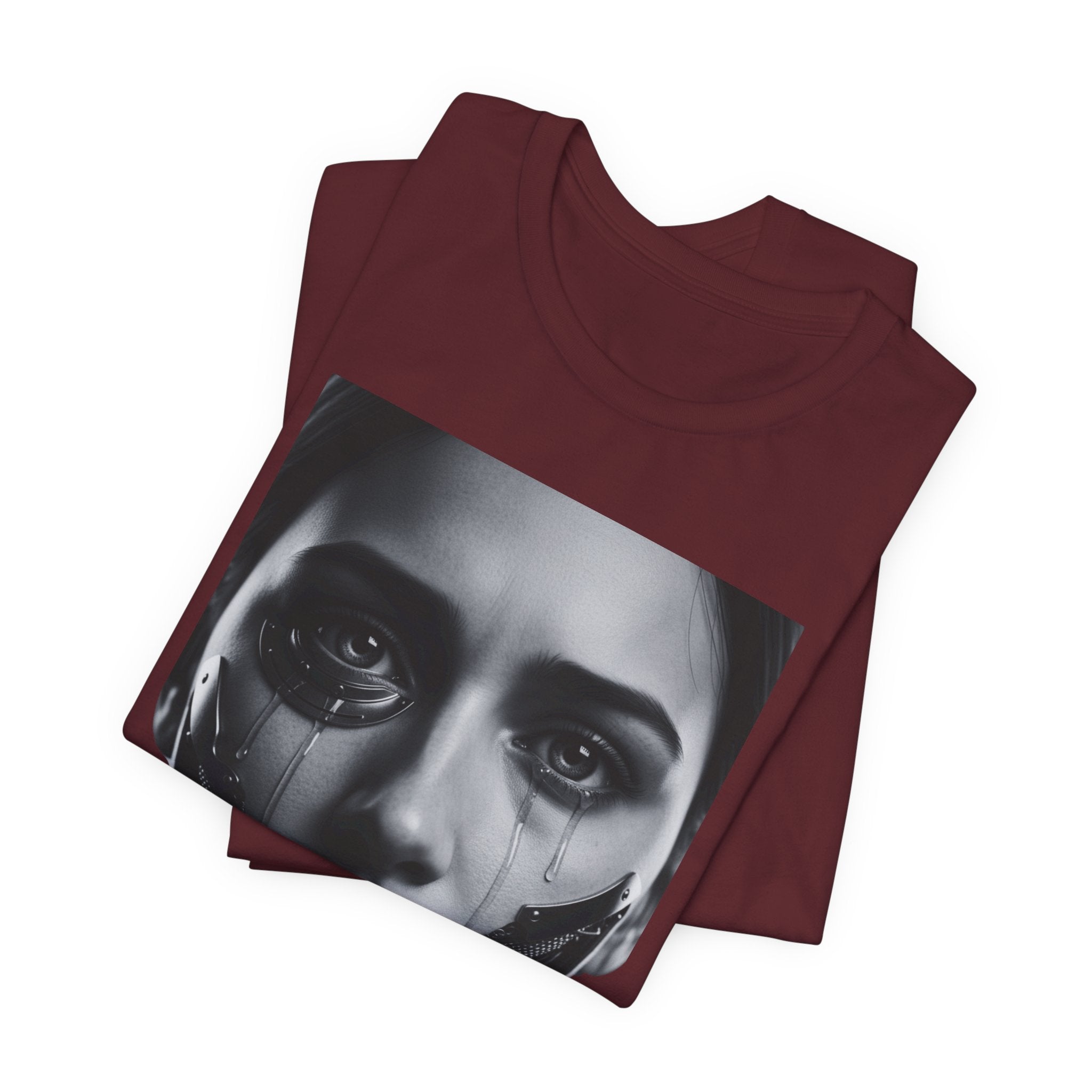 Cybernetic Woman Portrait Tee — Futuristic Black & White Sci‑Fi Face Graphic T-Shirt