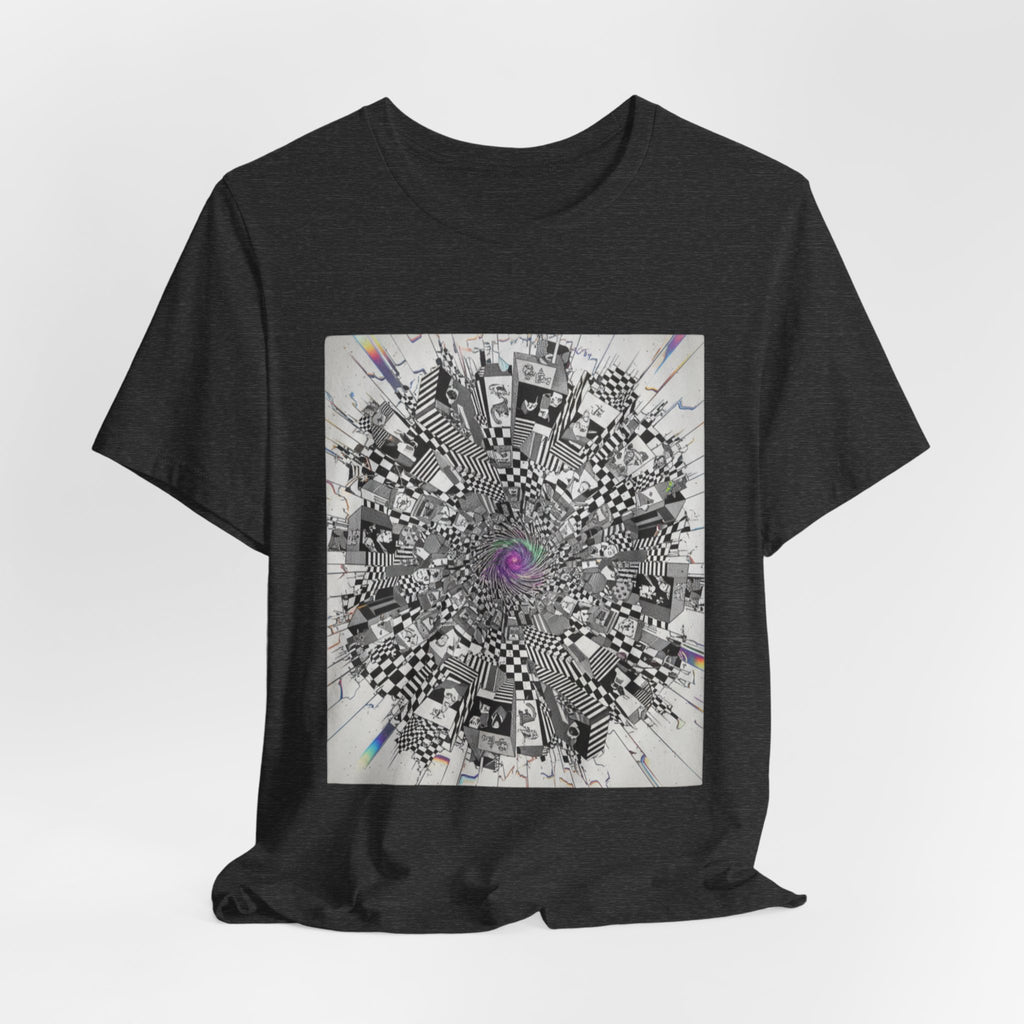 Psychedelic Cityscape Tee — Abstract Optical Art T‑Shirt with Purple Eye