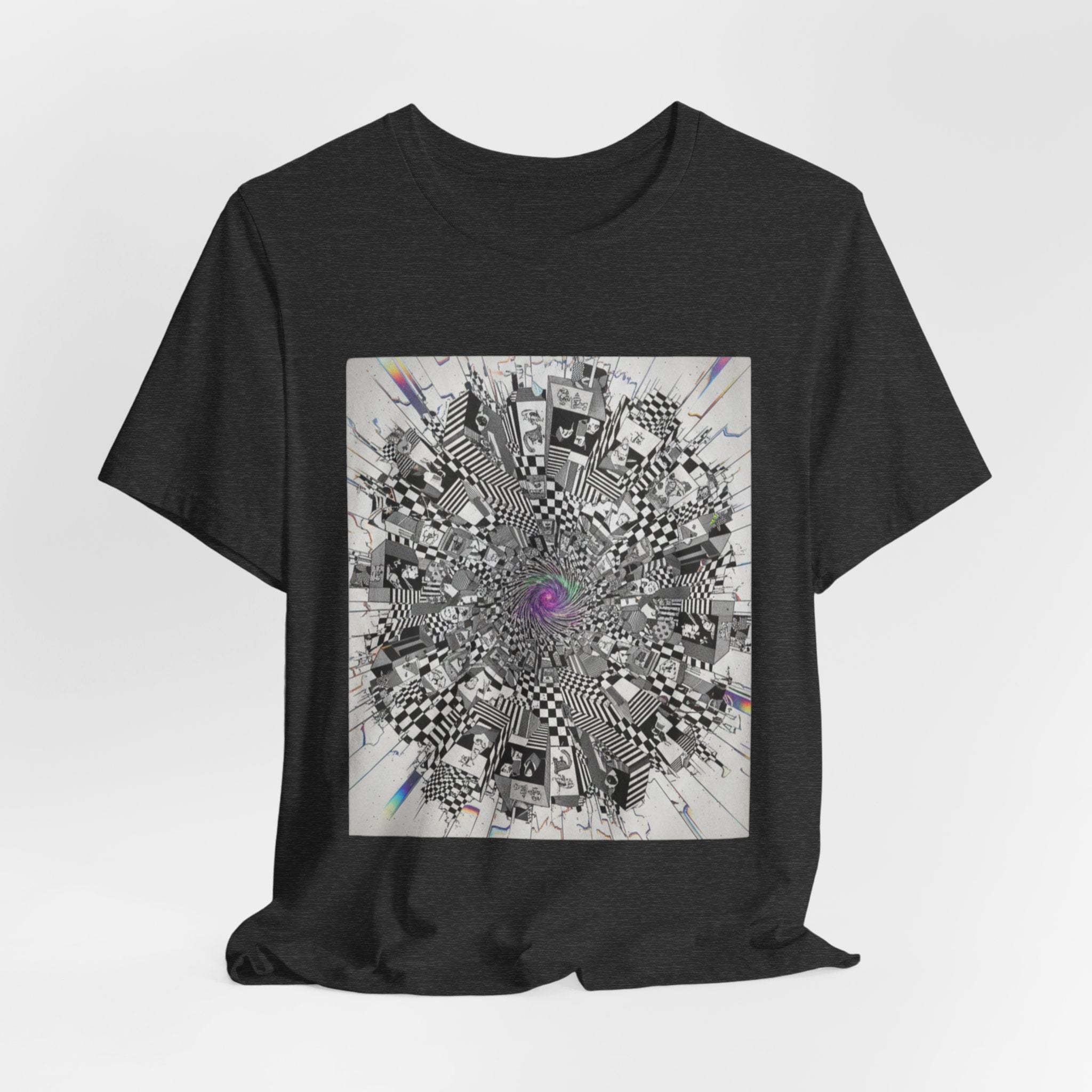 Psychedelic Cityscape Tee — Abstract Optical Art T‑Shirt with Purple Eye