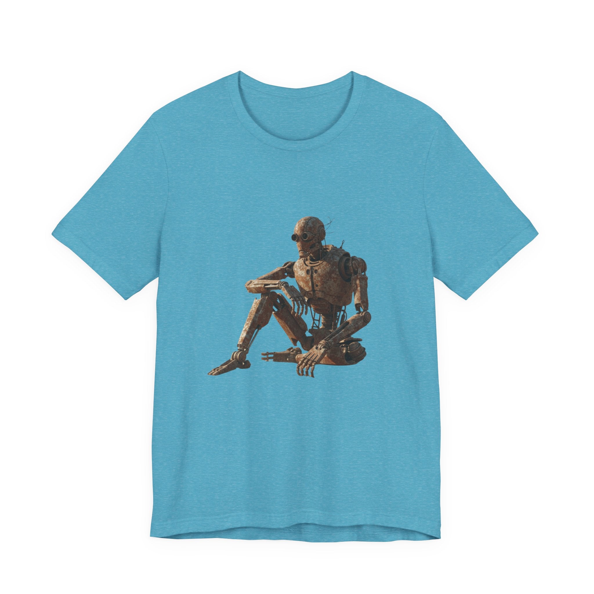 Rustic Robot Art Tee — Sitting Cyborg Graphic T-Shirt