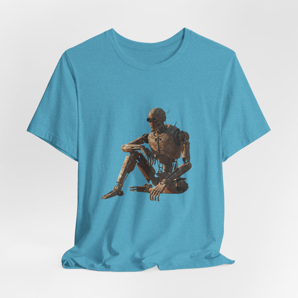 Rustic Robot Art Tee — Sitting Cyborg Graphic T-Shirt
