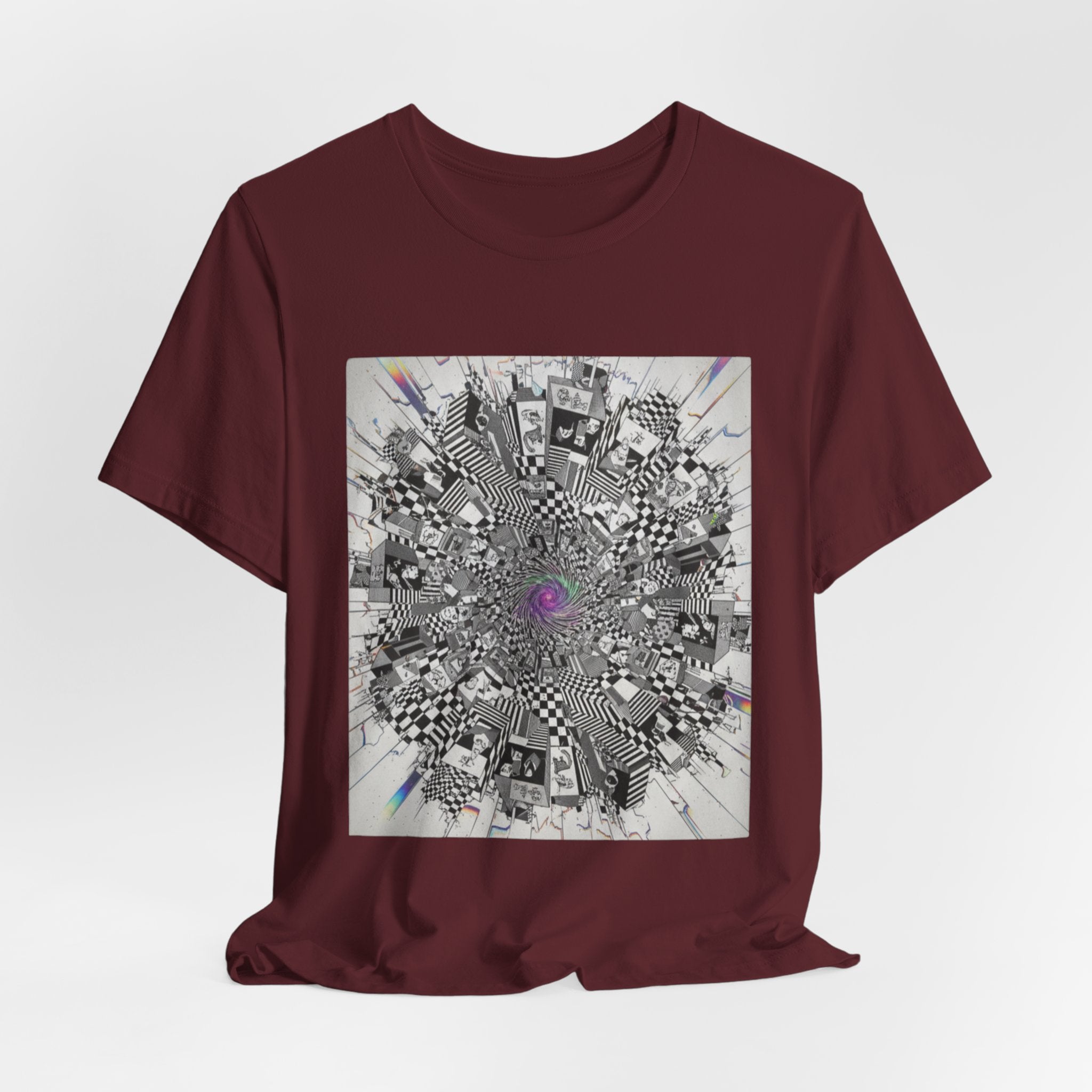 Psychedelic Cityscape Tee — Abstract Optical Art T‑Shirt with Purple Eye