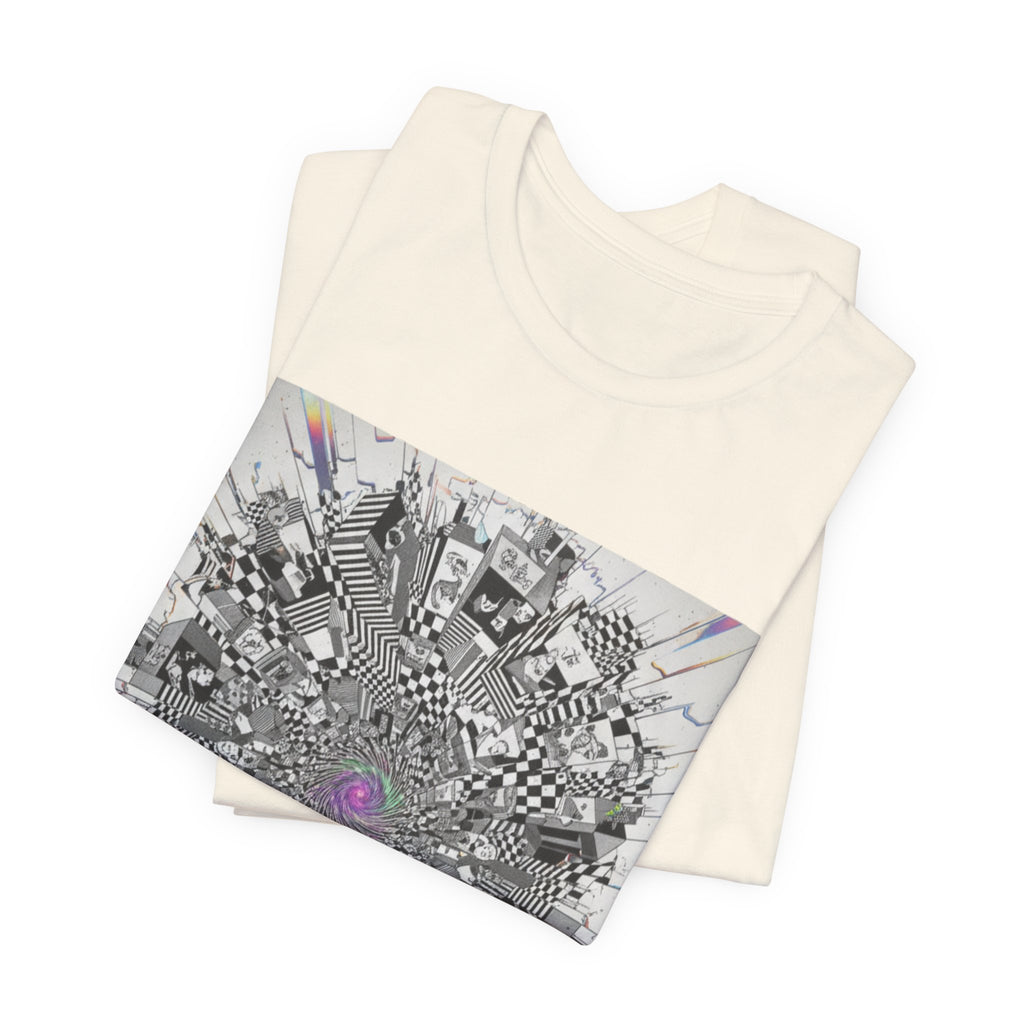 Psychedelic Cityscape Tee — Abstract Optical Art T‑Shirt with Purple Eye