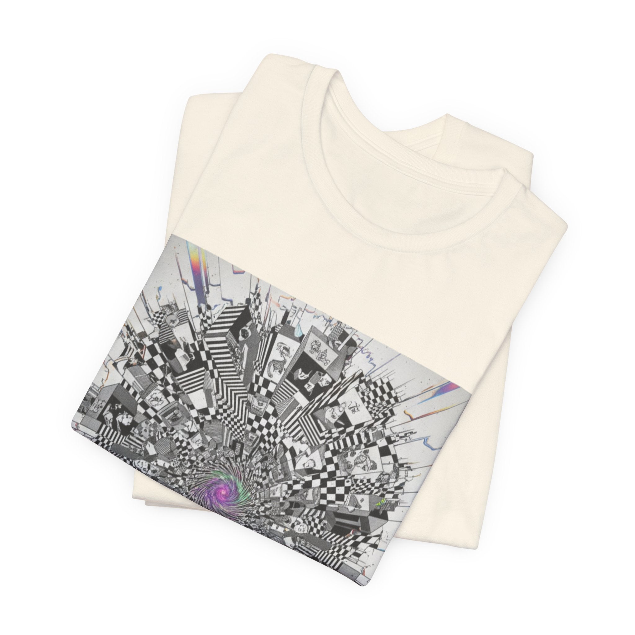 Psychedelic Cityscape Tee — Abstract Optical Art T‑Shirt with Purple Eye