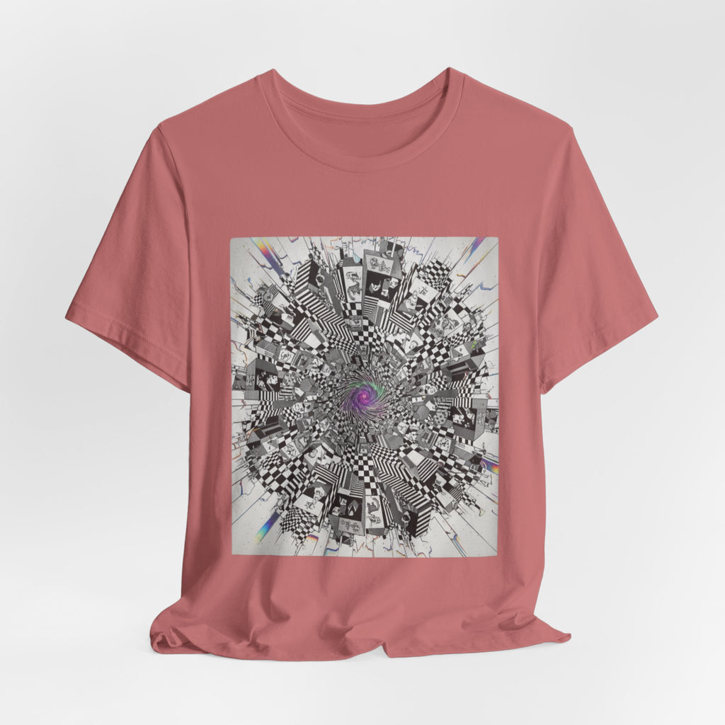 Psychedelic Cityscape Tee — Abstract Optical Art T‑Shirt with Purple Eye
