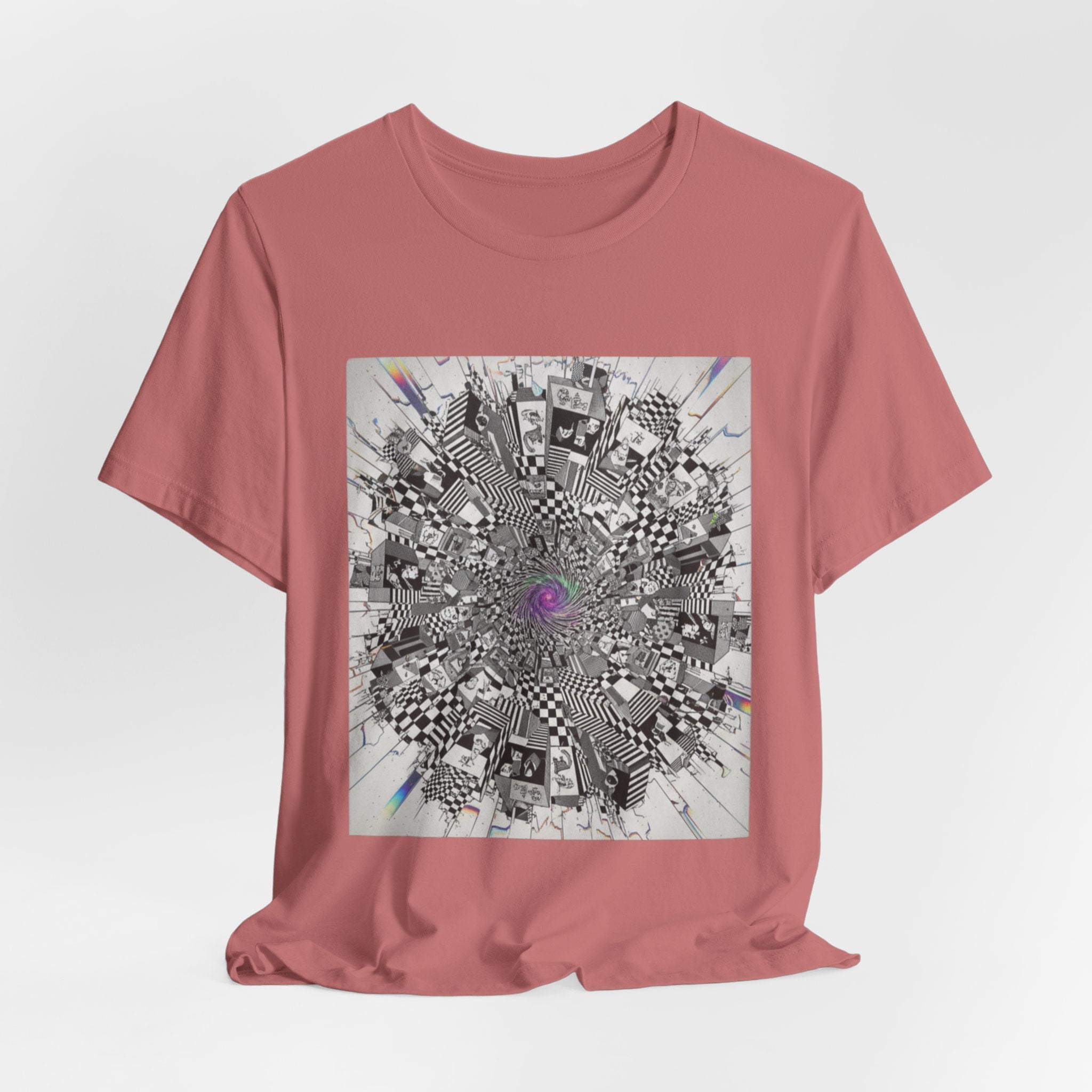 Psychedelic Cityscape Tee — Abstract Optical Art T‑Shirt with Purple Eye
