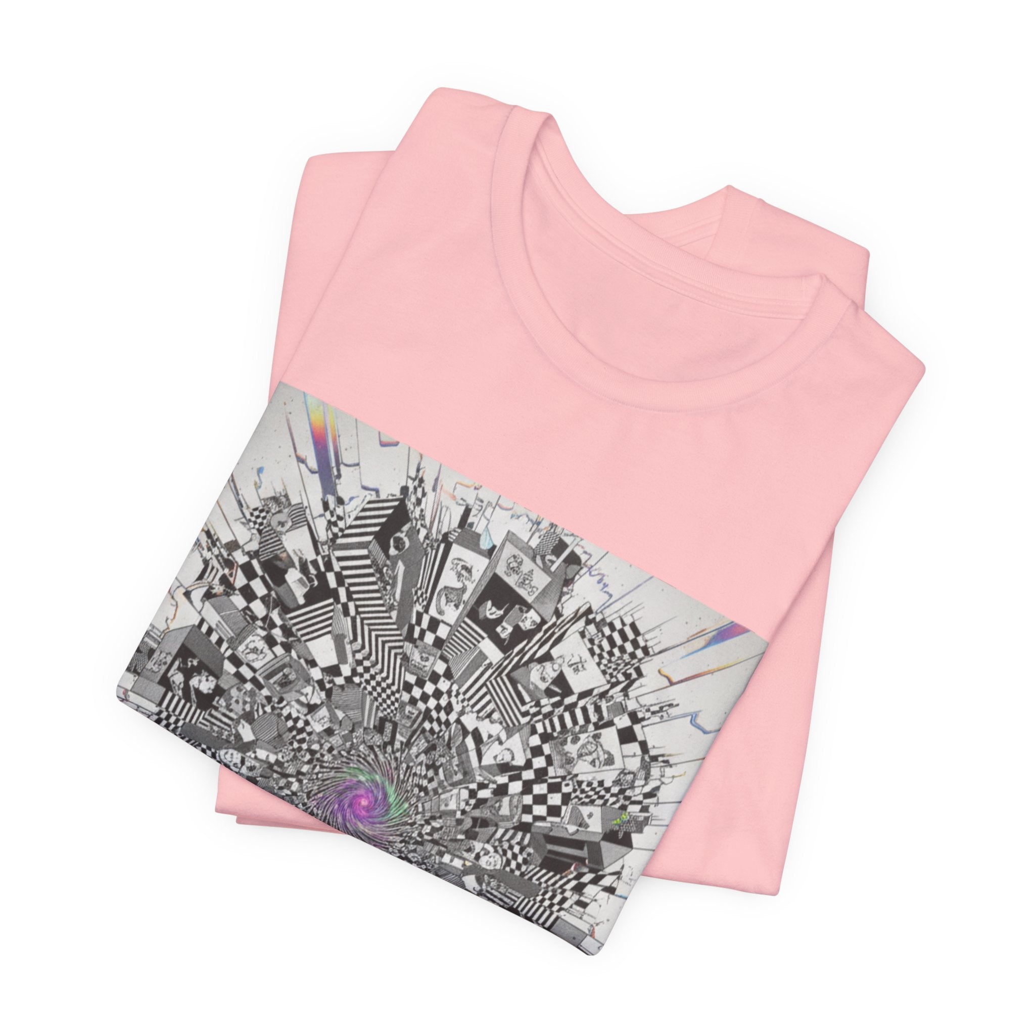 Psychedelic Cityscape Tee — Abstract Optical Art T‑Shirt with Purple Eye