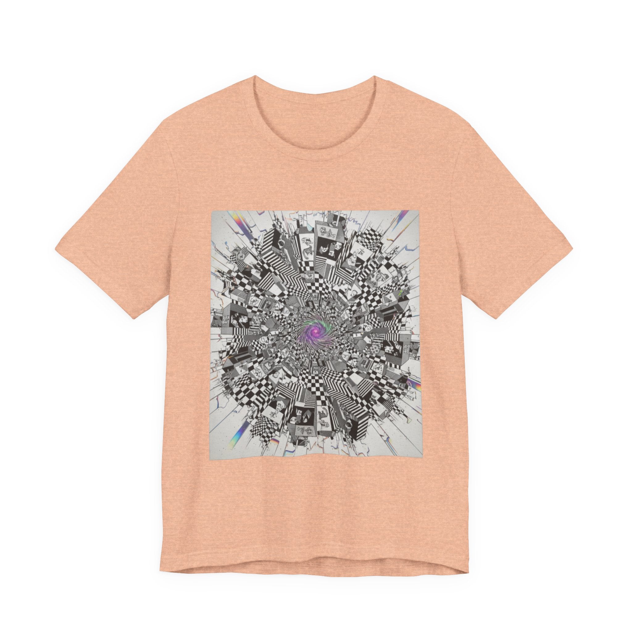 Psychedelic Cityscape Tee — Abstract Optical Art T‑Shirt with Purple Eye