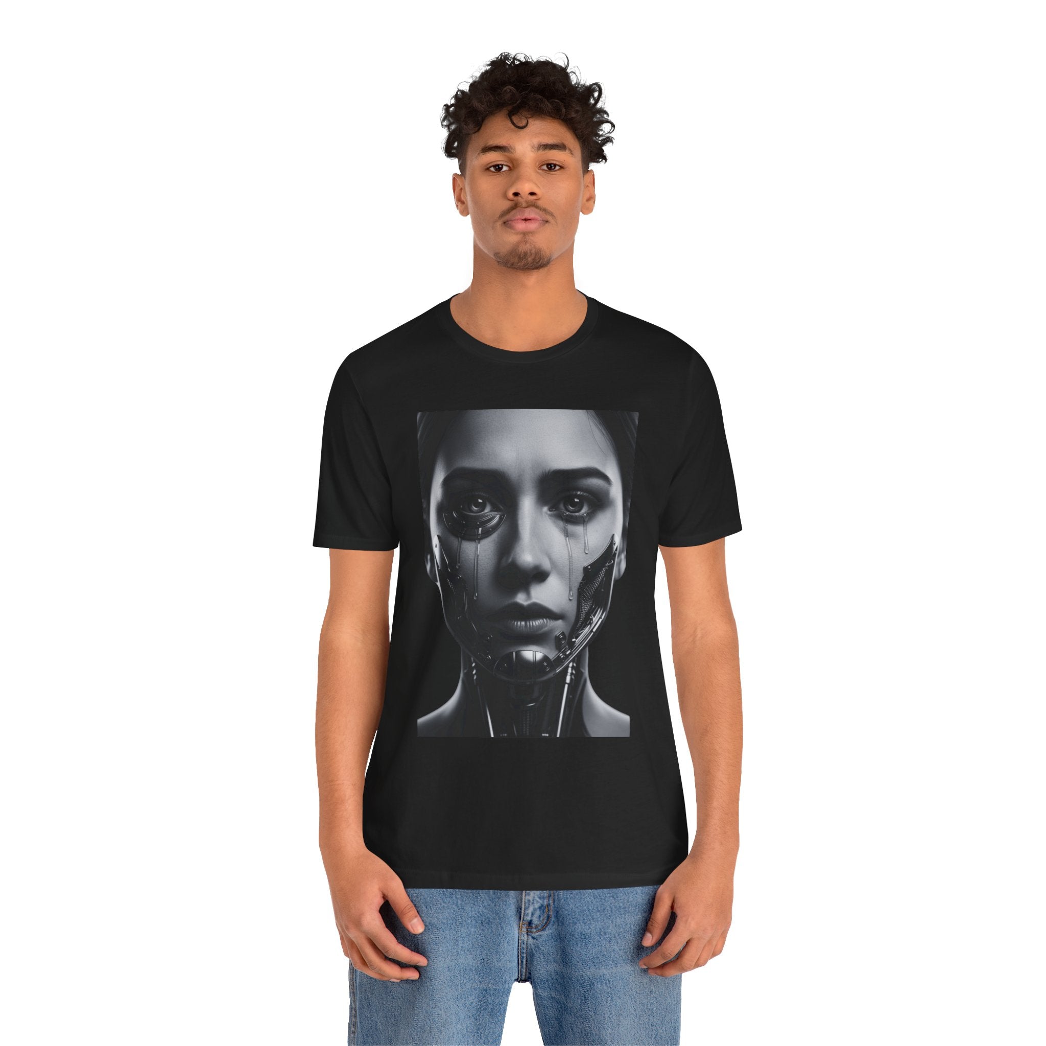 Cybernetic Woman Portrait Tee — Futuristic Black & White Sci‑Fi Face Graphic T-Shirt
