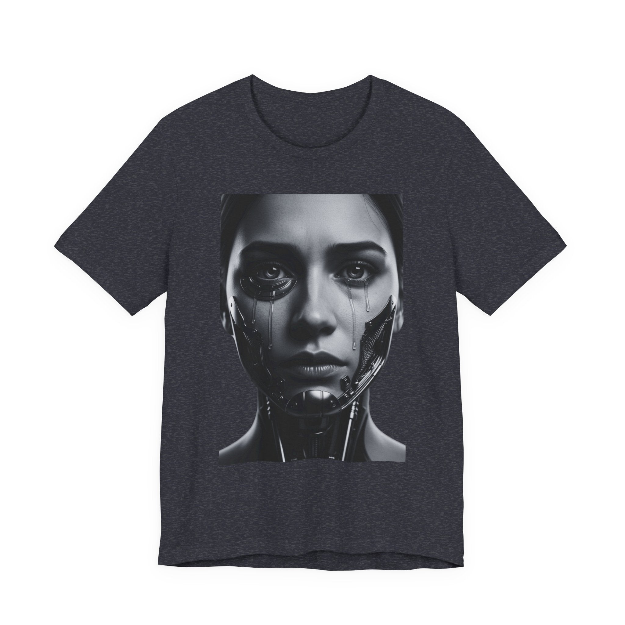Cybernetic Woman Portrait Tee — Futuristic Black & White Sci‑Fi Face Graphic T-Shirt