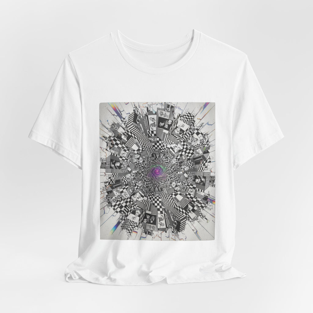 Psychedelic Cityscape Tee — Abstract Optical Art T‑Shirt with Purple Eye