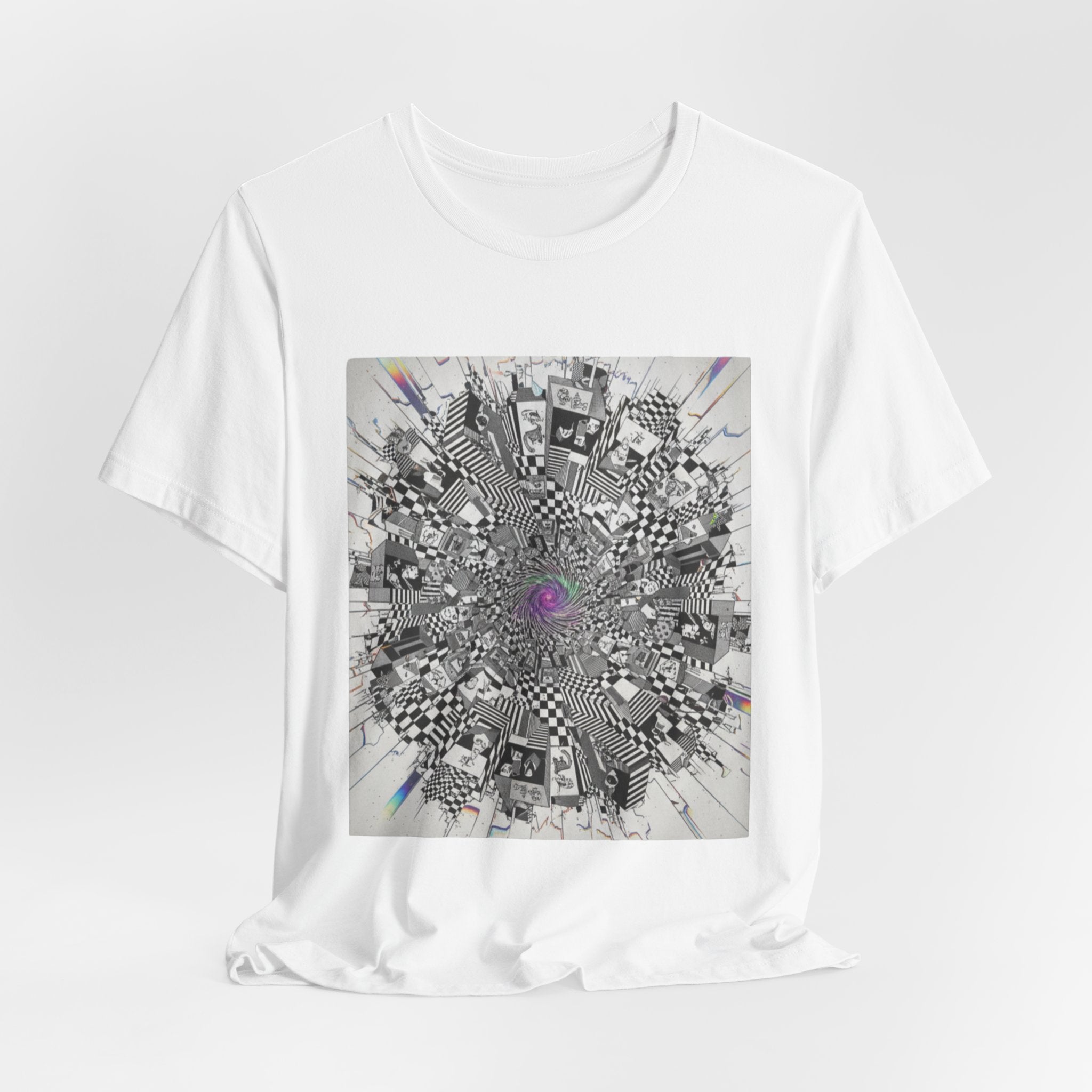 Psychedelic Cityscape Tee — Abstract Optical Art T‑Shirt with Purple Eye