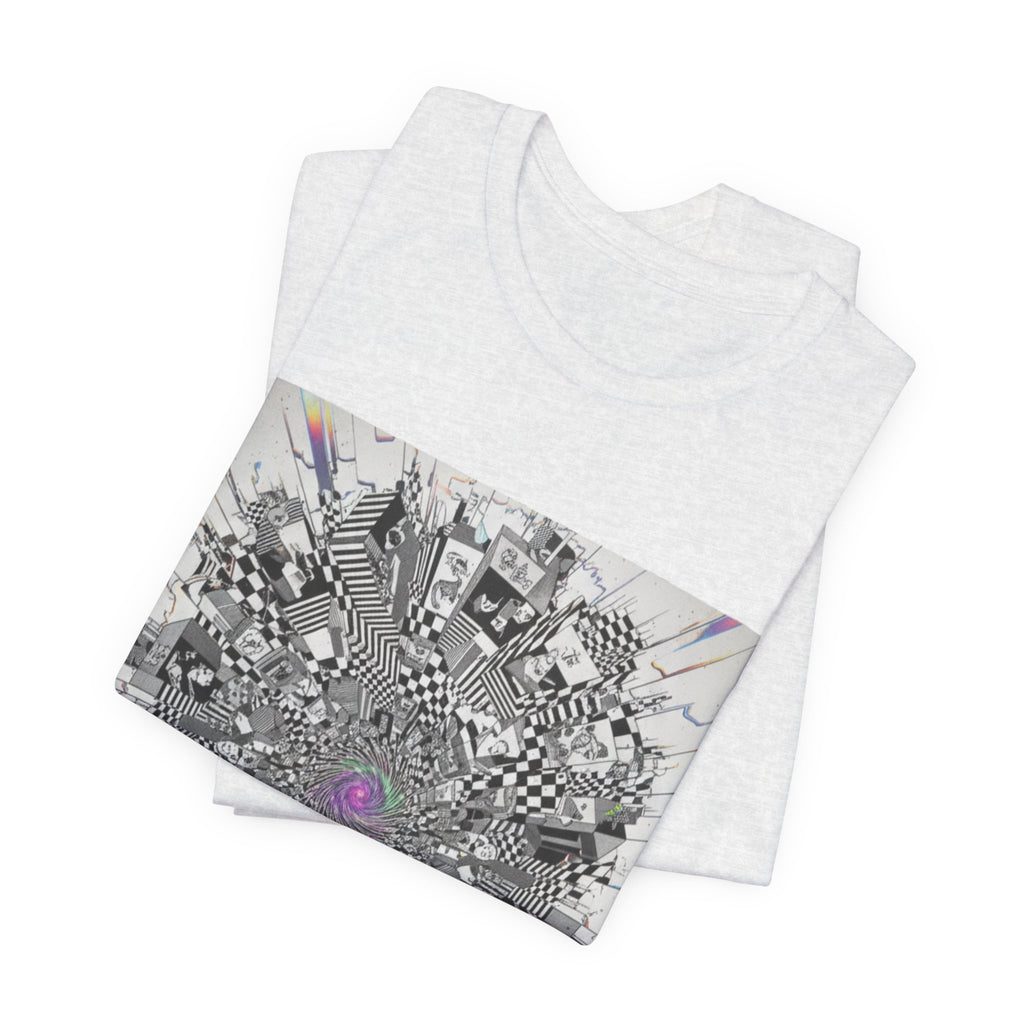 Psychedelic Cityscape Tee — Abstract Optical Art T‑Shirt with Purple Eye
