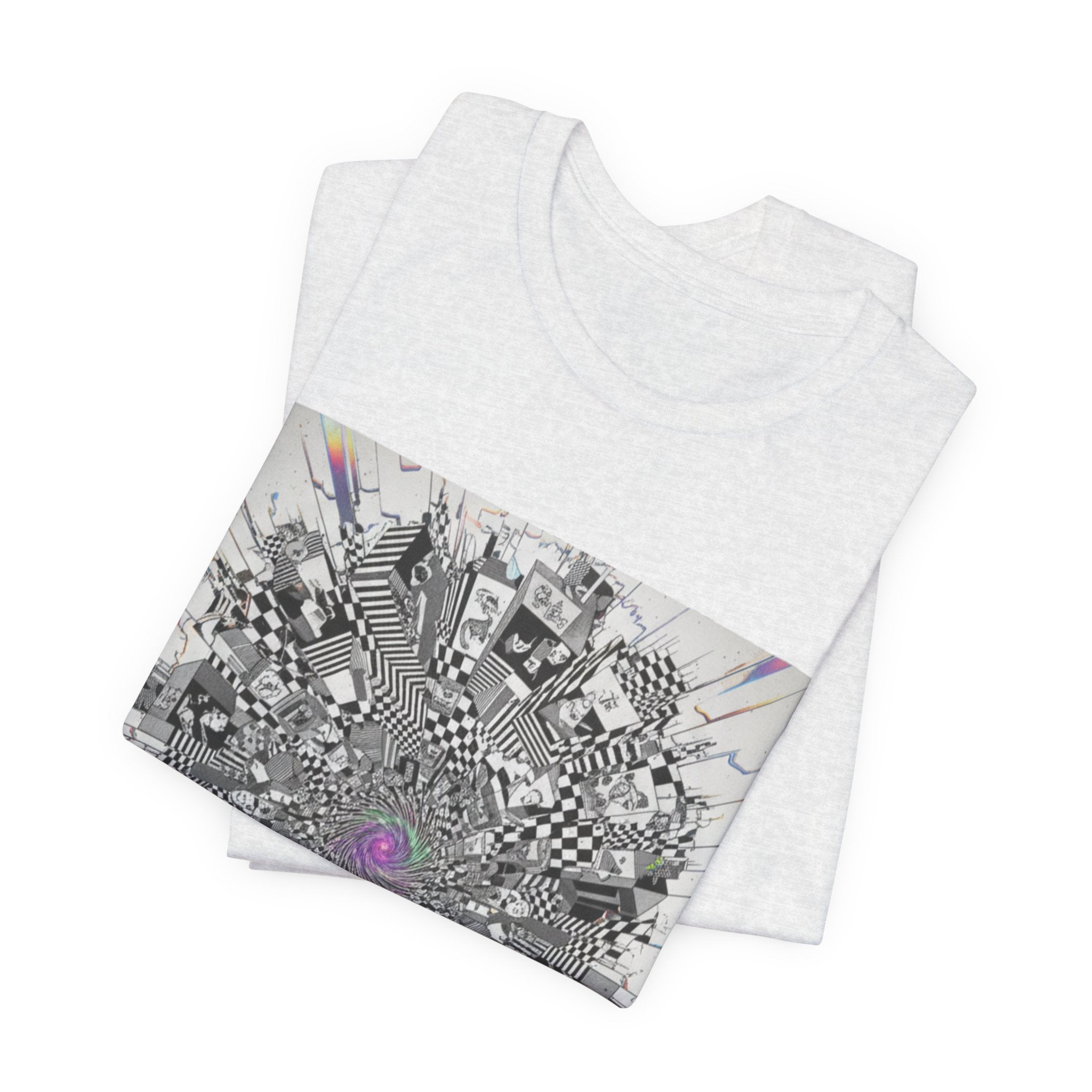 Psychedelic Cityscape Tee — Abstract Optical Art T‑Shirt with Purple Eye