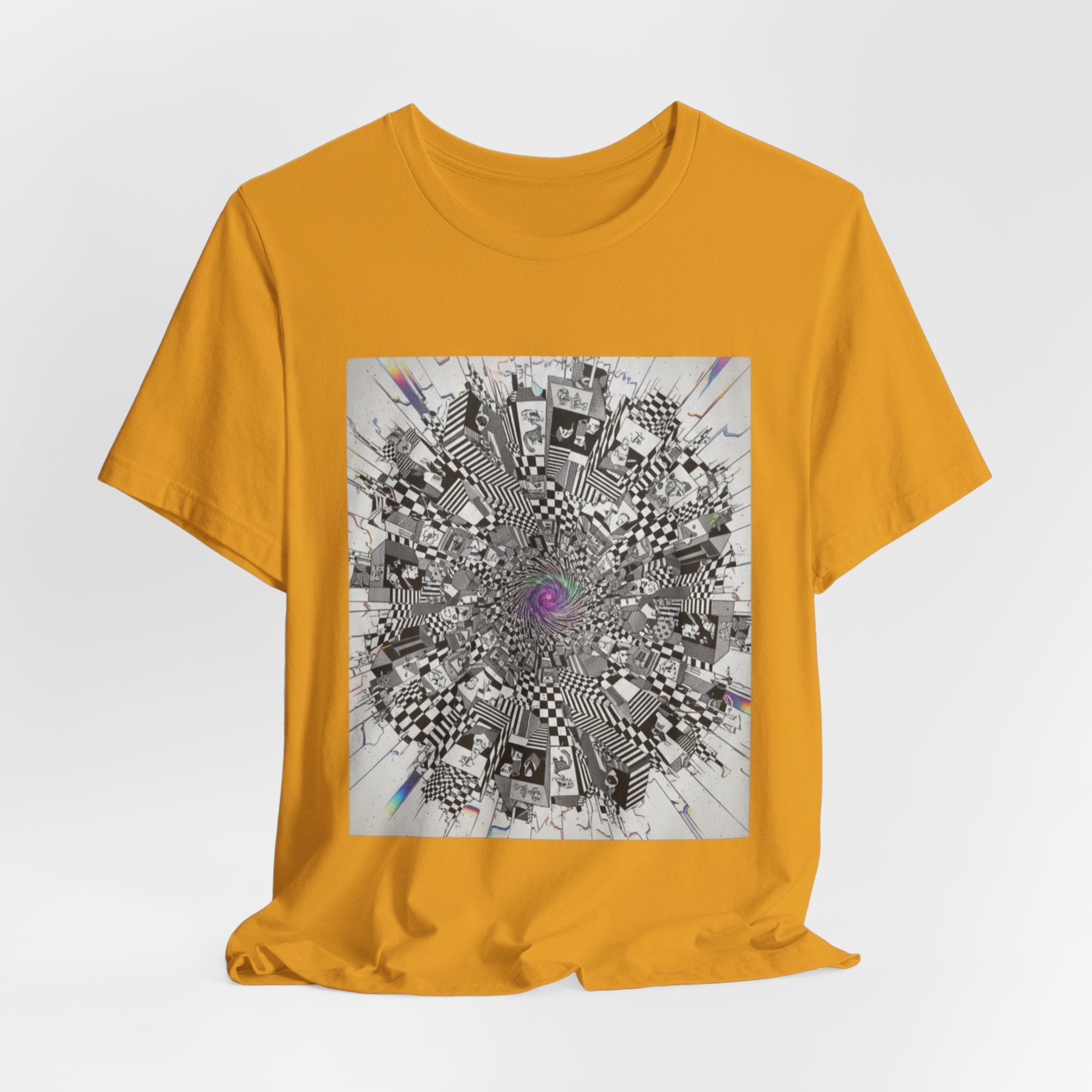Psychedelic Cityscape Tee — Abstract Optical Art T‑Shirt with Purple Eye
