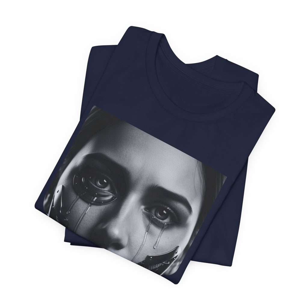 Cybernetic Woman Portrait Tee — Futuristic Black & White Sci‑Fi Face Graphic T-Shirt