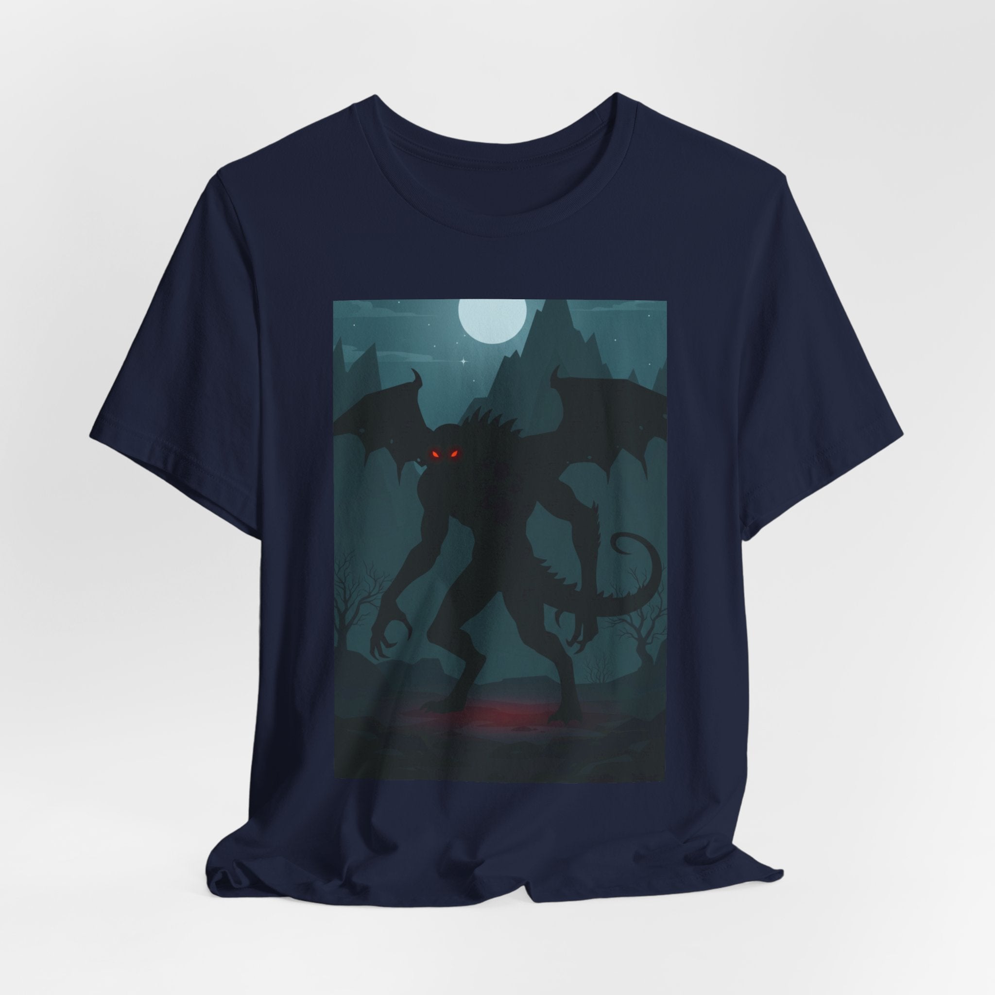 Cthulhu Nightscape T-Shirt — Lovecraftian Monster Tee with Glowing Red Eyes