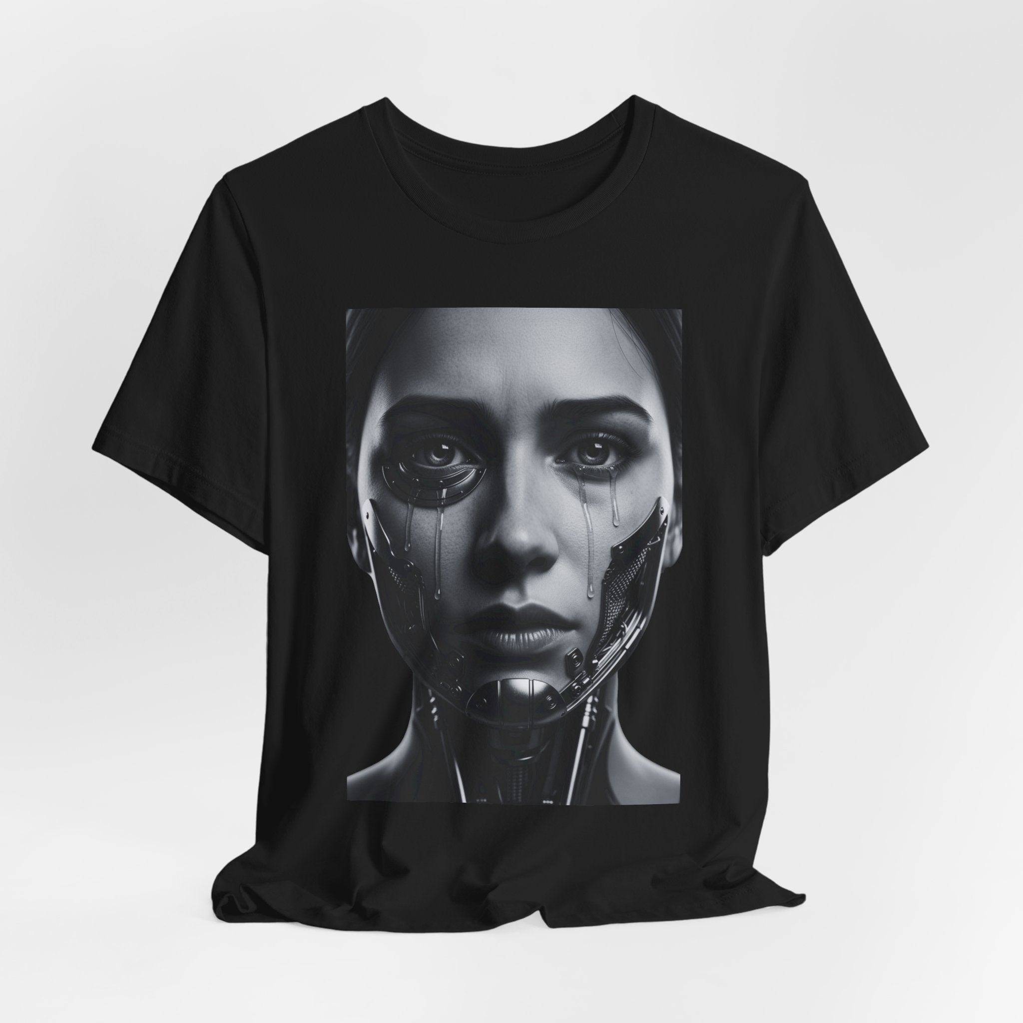 Cybernetic Woman Portrait Tee — Futuristic Black & White Sci‑Fi Face Graphic T-Shirt